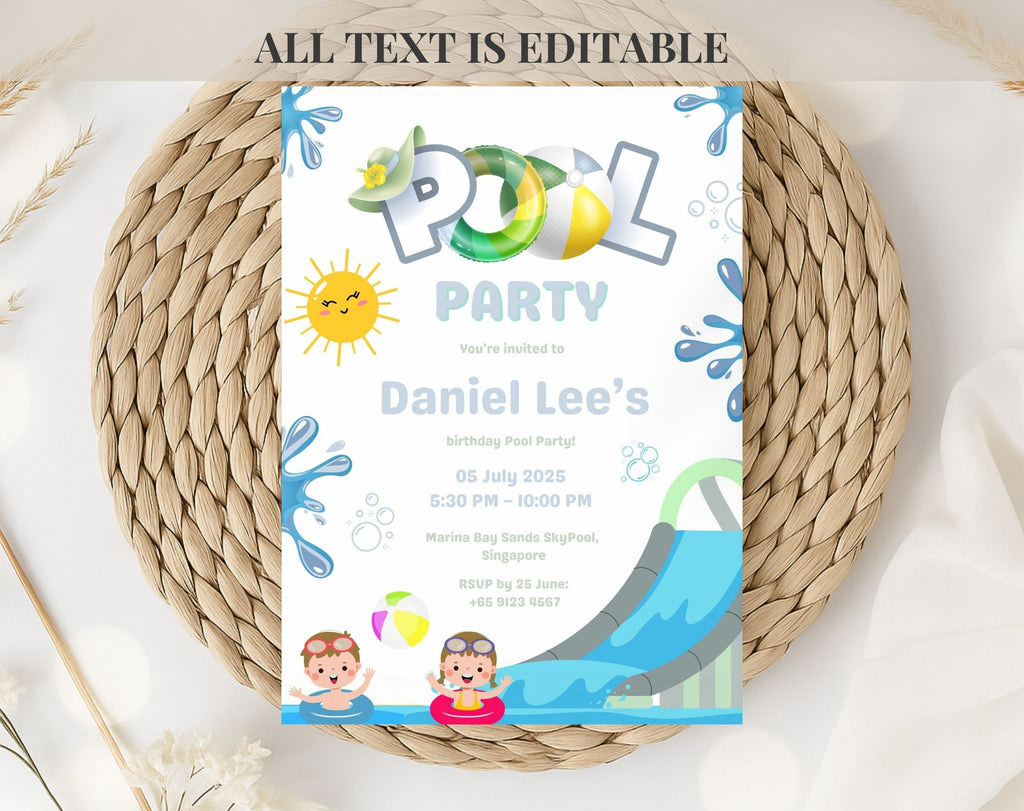 Blue Green Pool Party Kids birthday Invitation