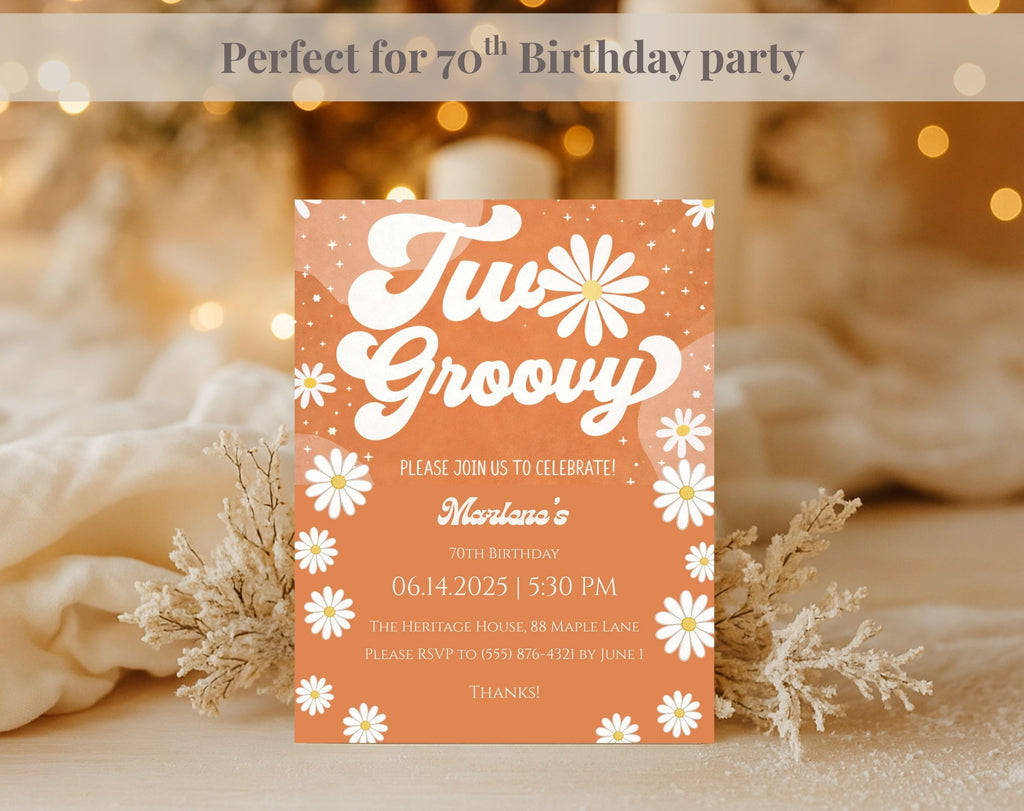 Orange Retro Groovy 70th Birthday Invitation
