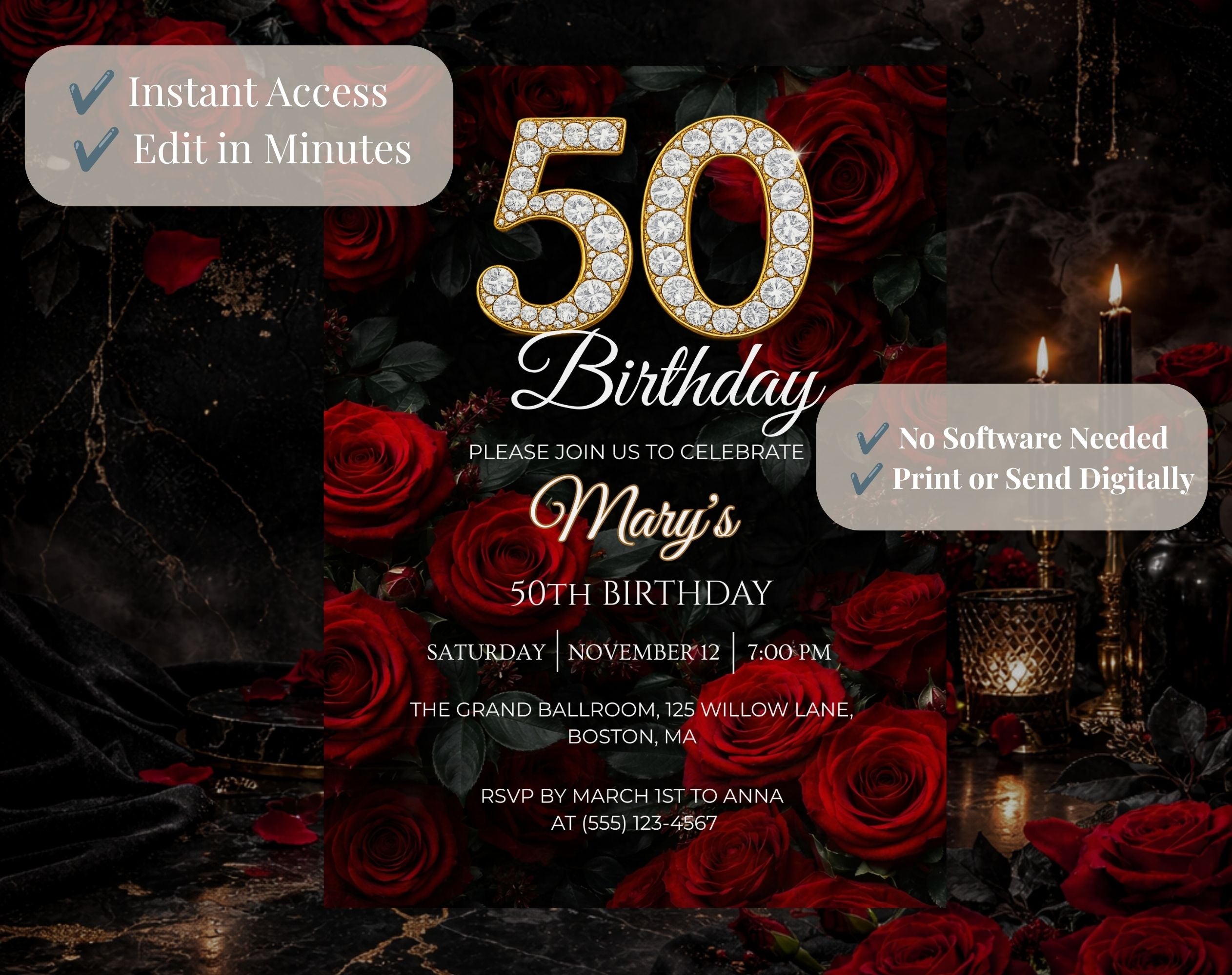 Luxury Red Rose 50th Birthday Invitation