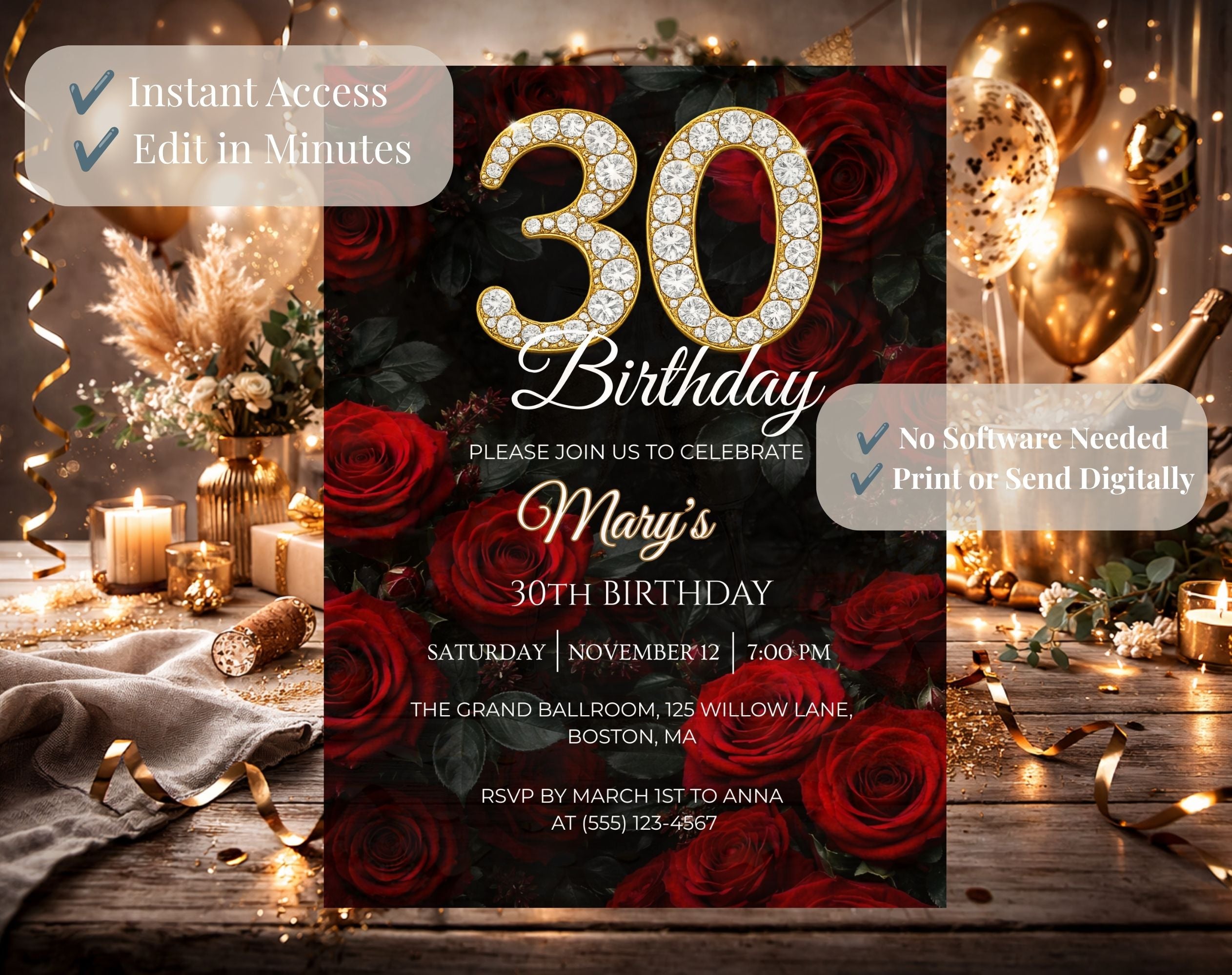 Red Rose 30th Birthday Invitation
