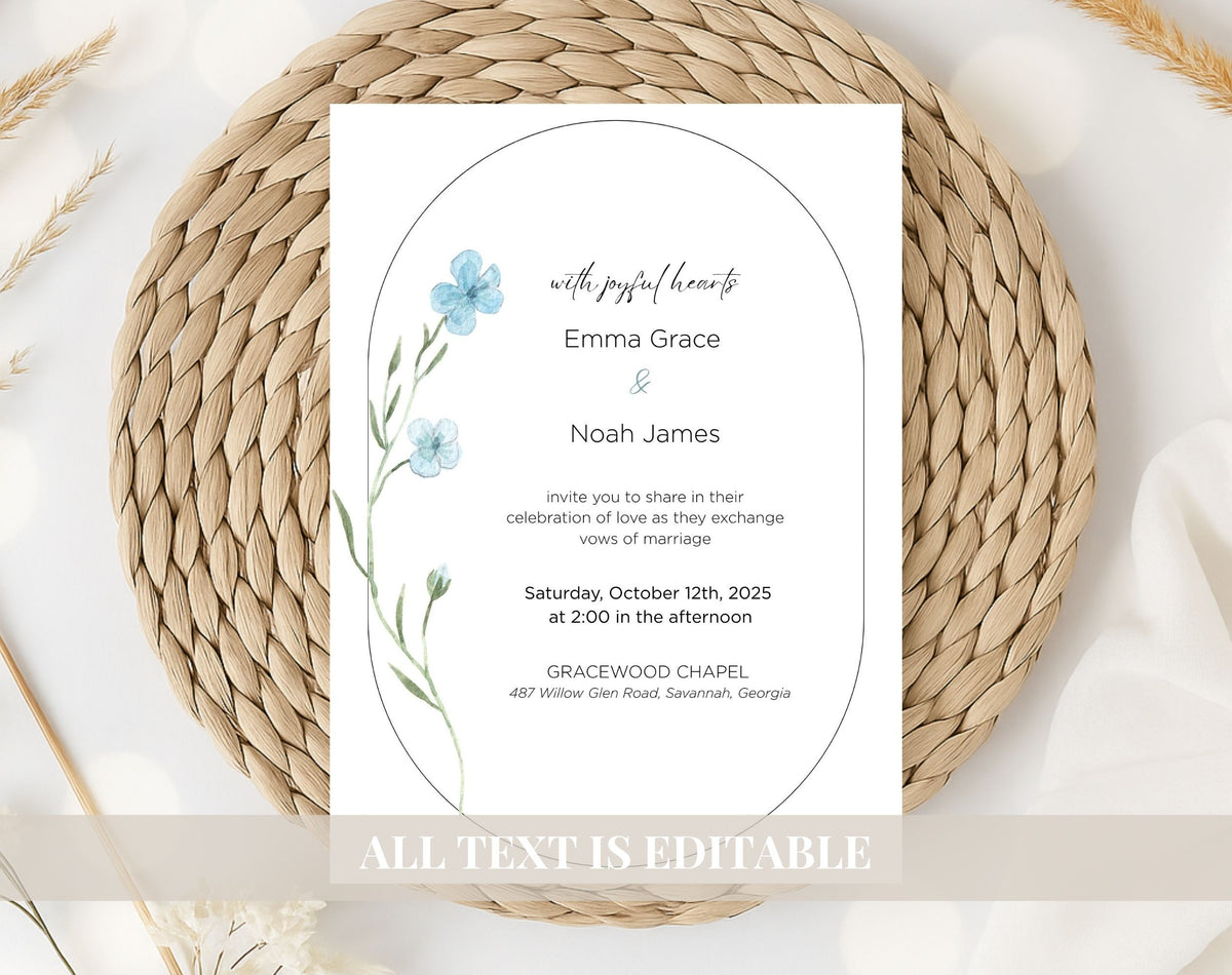 Blue Wildflower Wedding Invitation Template | Editable Minimalist Floral Wedding Invite