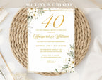 White Gold Floral 40th Wedding Anniversary Invitation