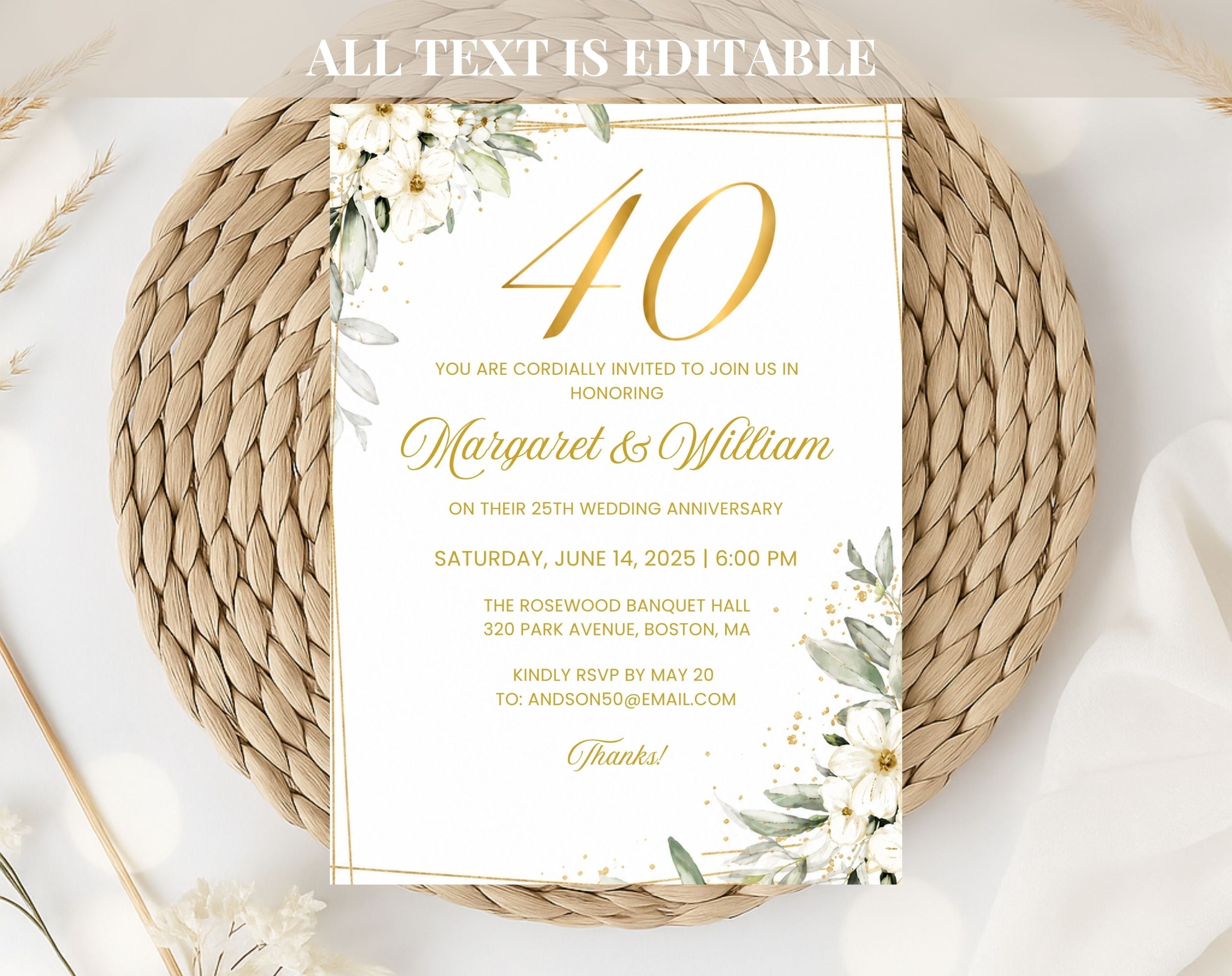White Gold Floral 40th Wedding Anniversary Invitation