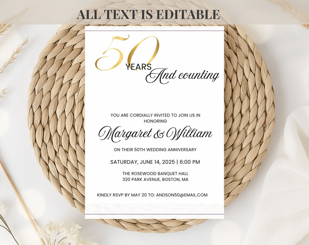 Elegant White Gold 50th Anniversary Invitation