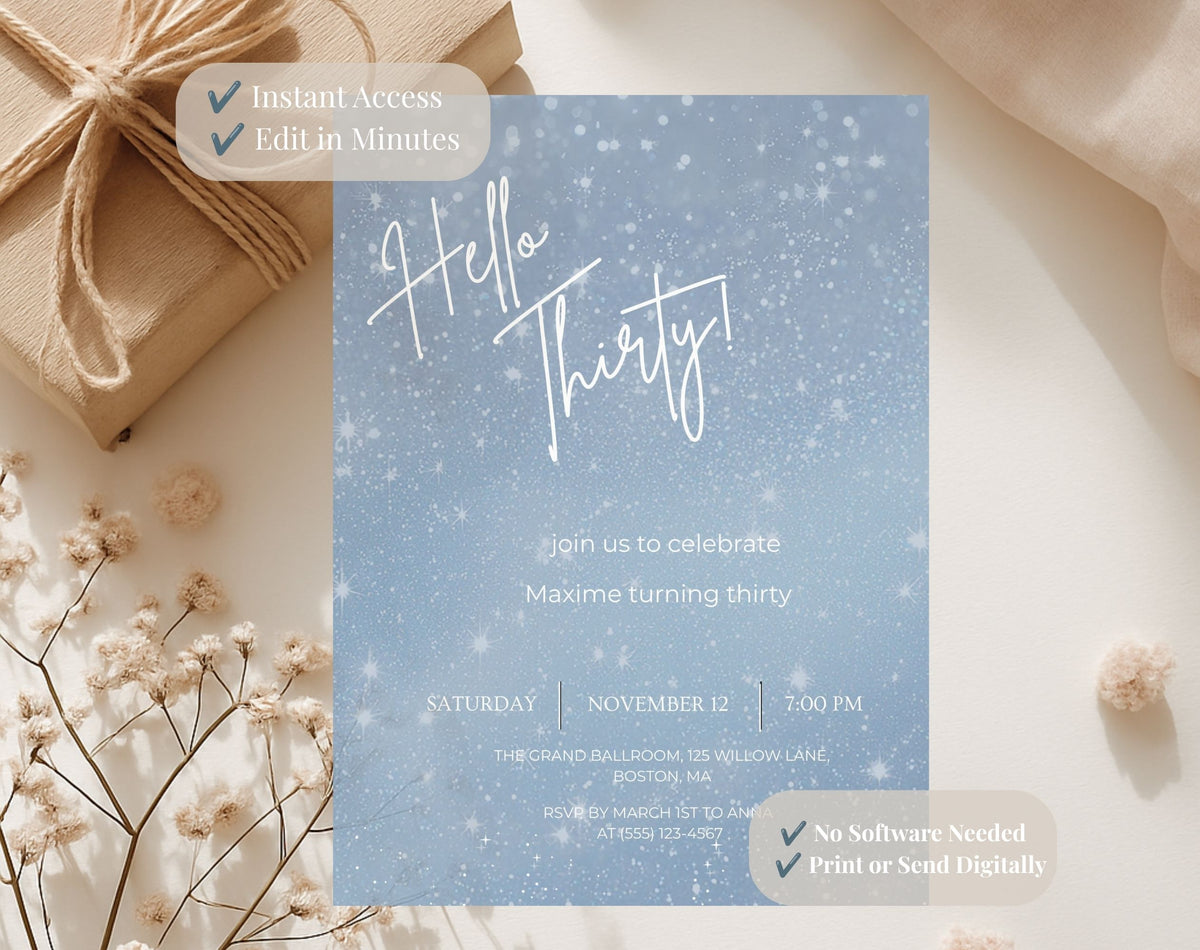 Hello Thirty Winter Blue 30th Birthday Invitation