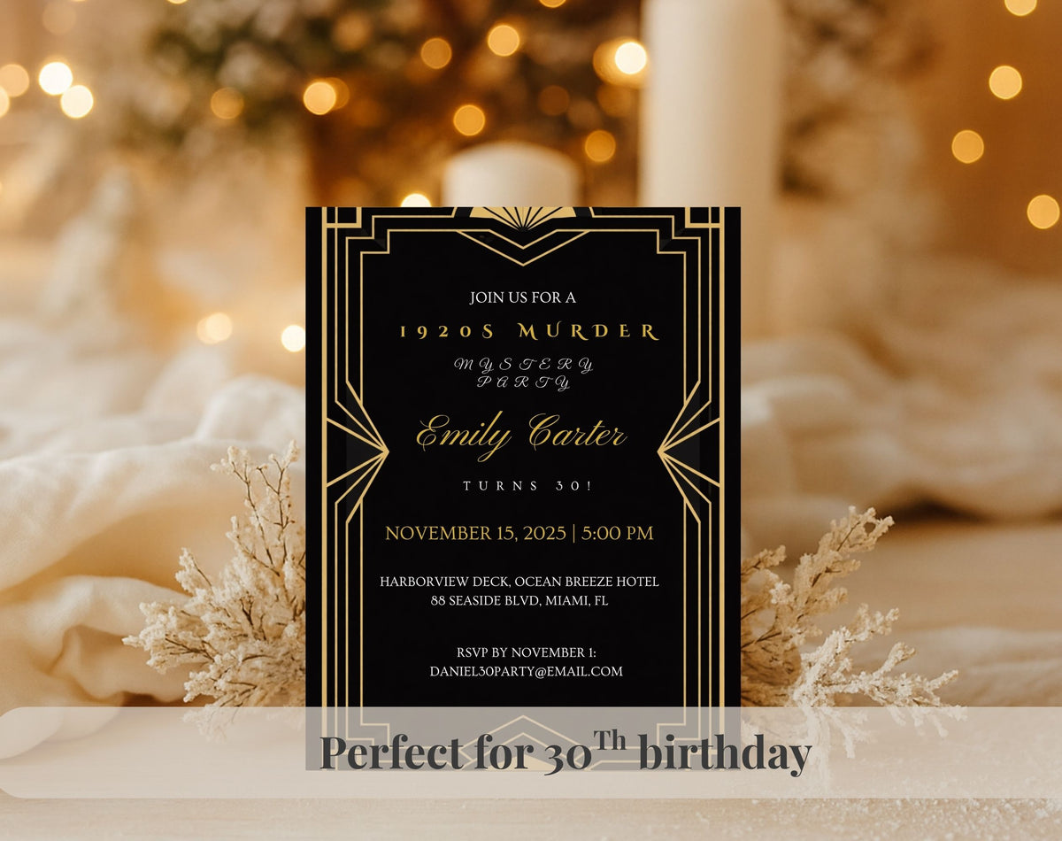 Black and Gold 1920s Murder Mystery 30th Birthday Invitation