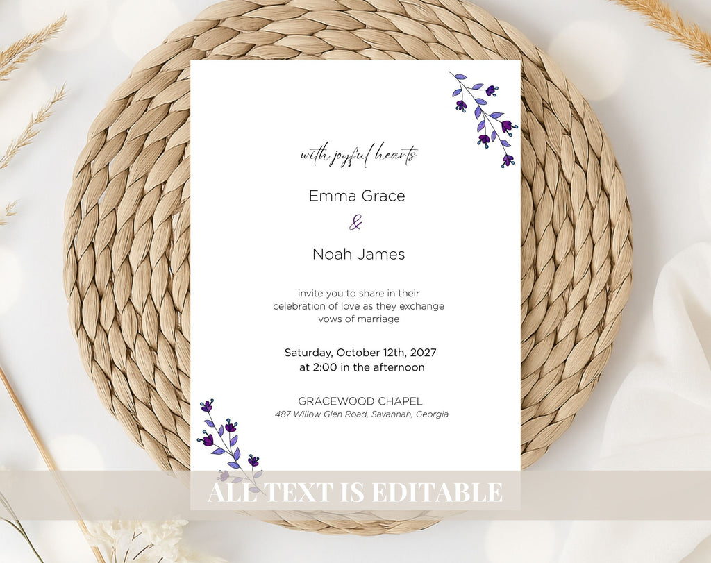 Elegant Purple Floral Wedding Invitation