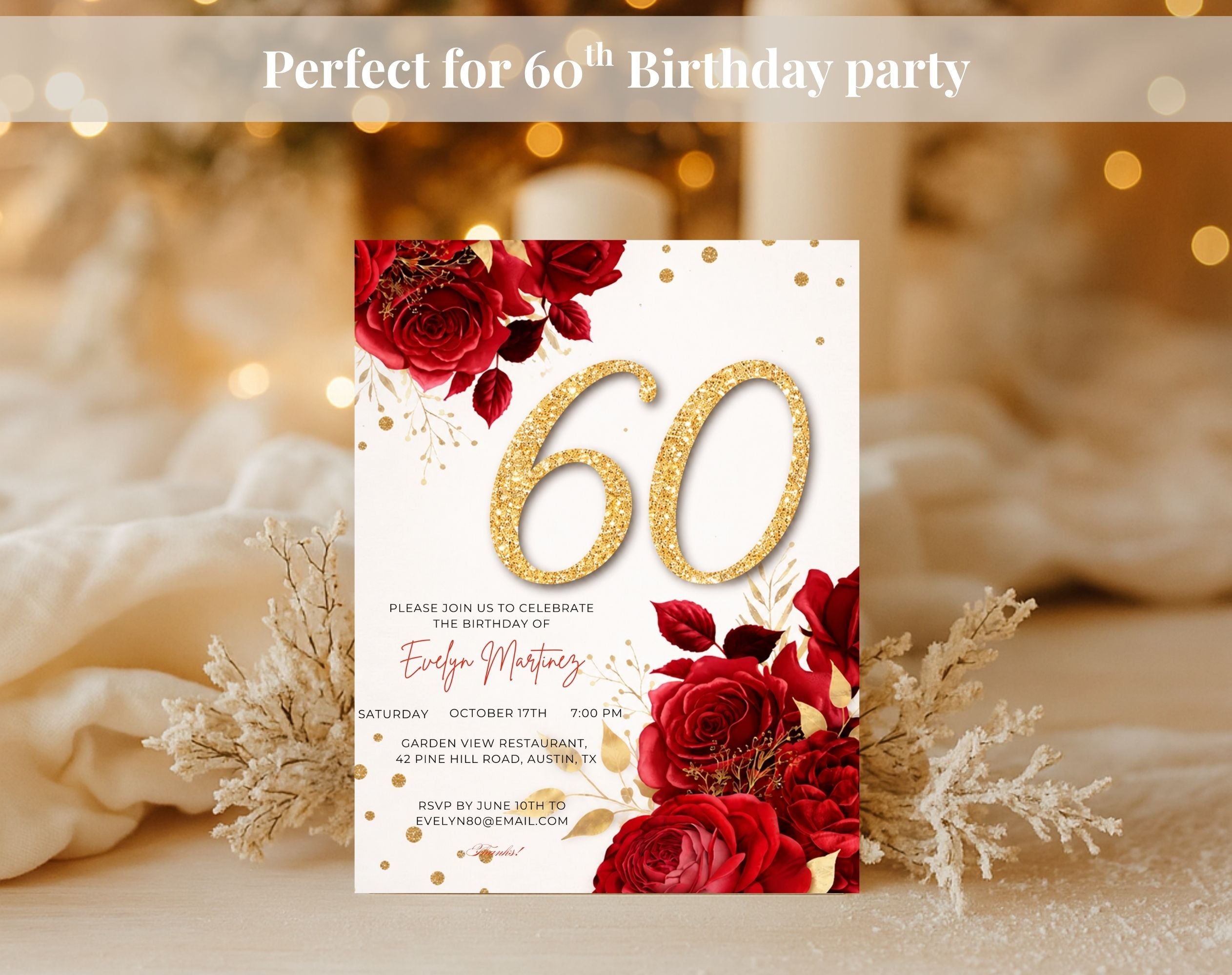 Elegant red golden 60th Birthday Invitation