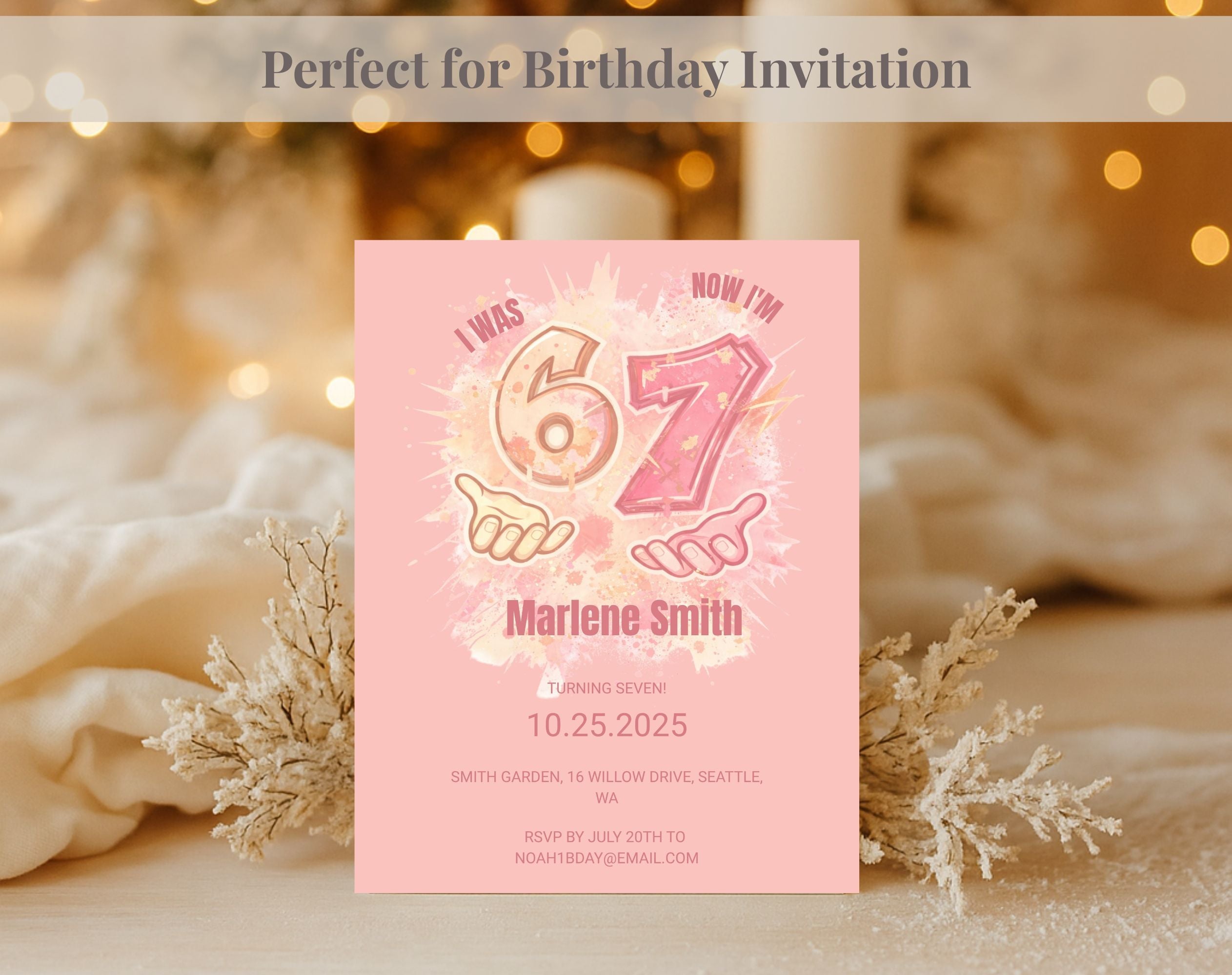 six seven Pink Kids 7th Birthday Invitation