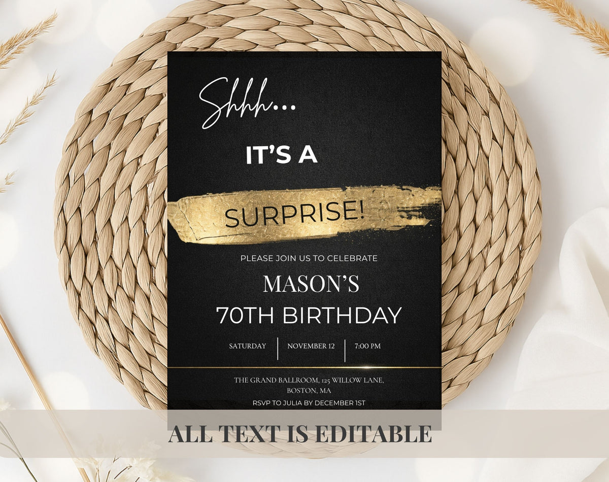 70th Black and Gold Birthday Party Invitation