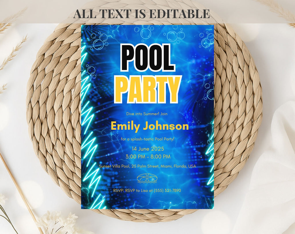 Blue Neon Pool  birthday Party Invitation
