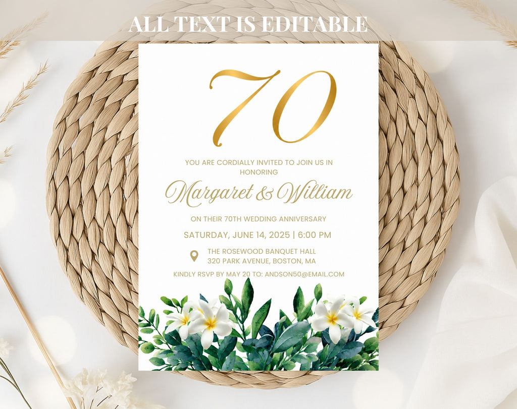 70th White Gold Wedding Anniversary Invitation