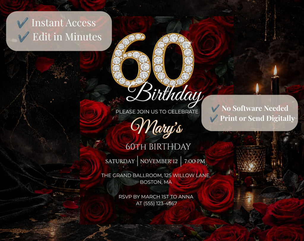Luxury Red Rose 60th Birthday Invitation