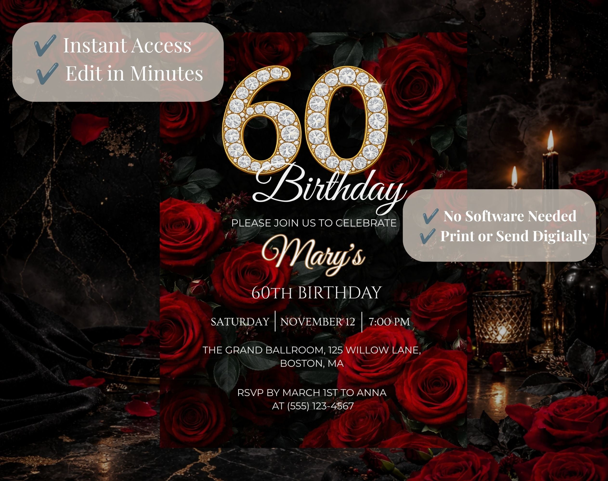 Luxury Red Rose 60th Birthday Invitation