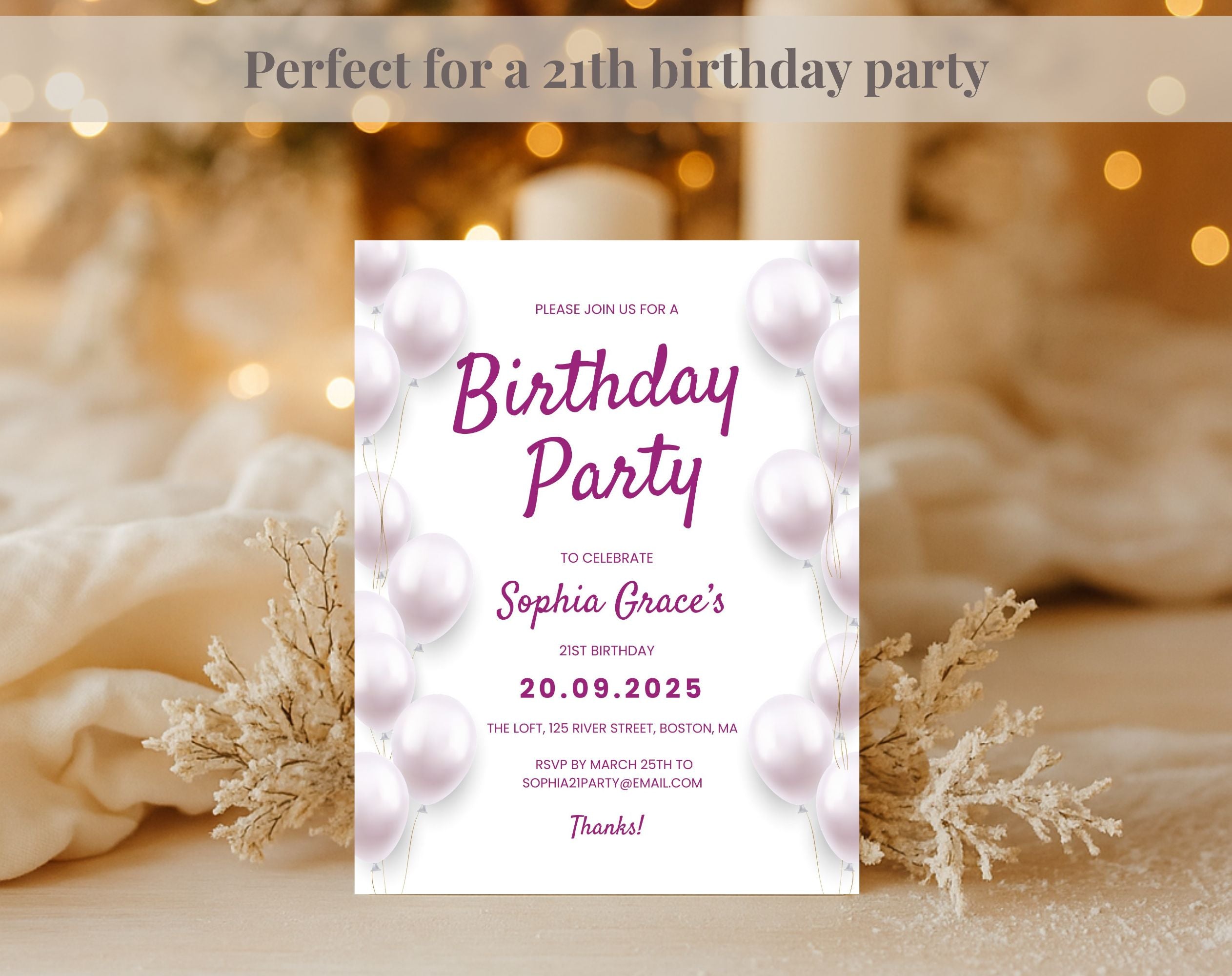 Elegant 2 Pink and White 21st Birthday Invitation
