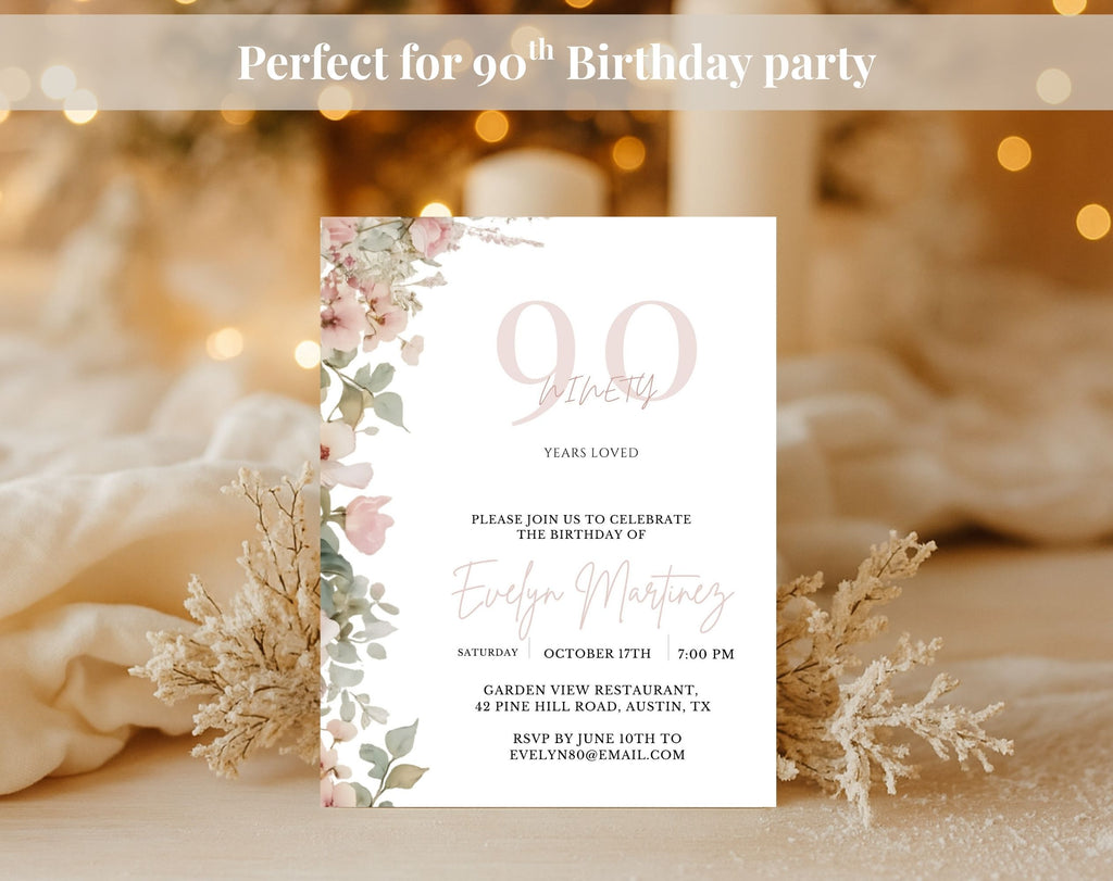 Blush Pink and Green Floral  90th Birthday Invitation