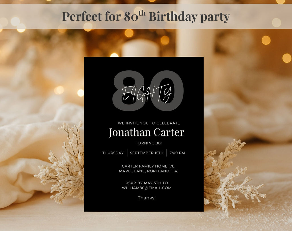 Black 80th Birthday Invitation Template