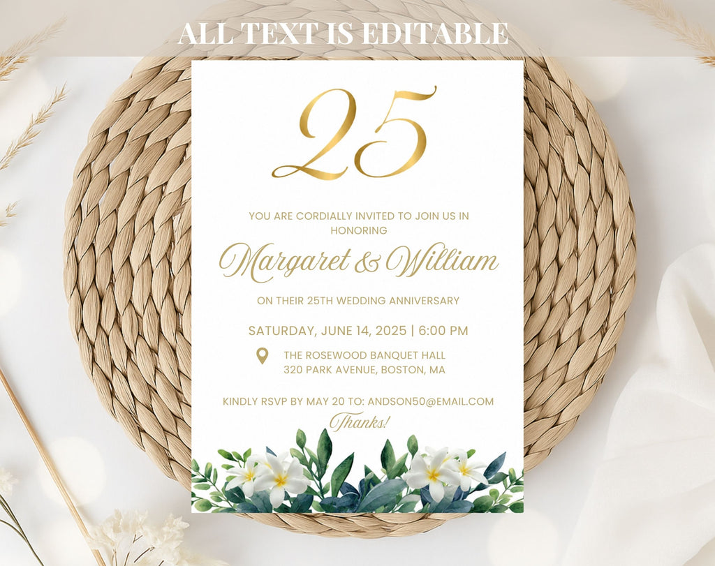 25th White Gold Wedding Anniversary Invitation