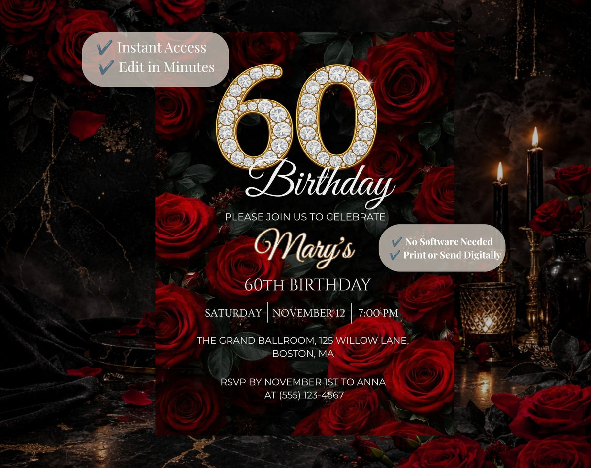 Luxury Red Rose 60th Birthday Invitation