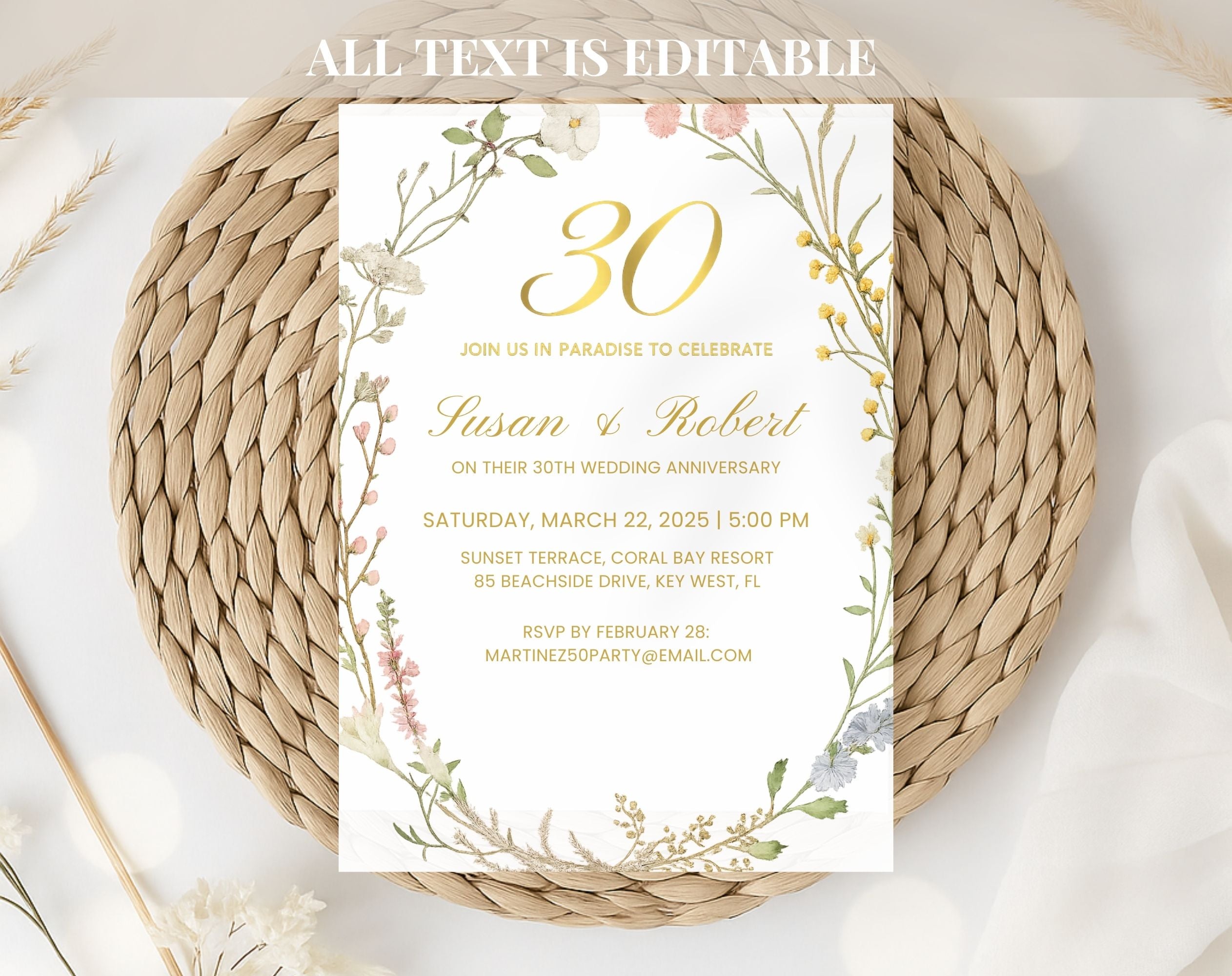 Elegant Floral 30th Wedding Anniversary Invitation