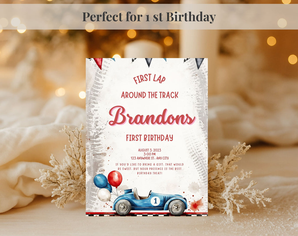 Red Blue Race Car First Birthday Invitation