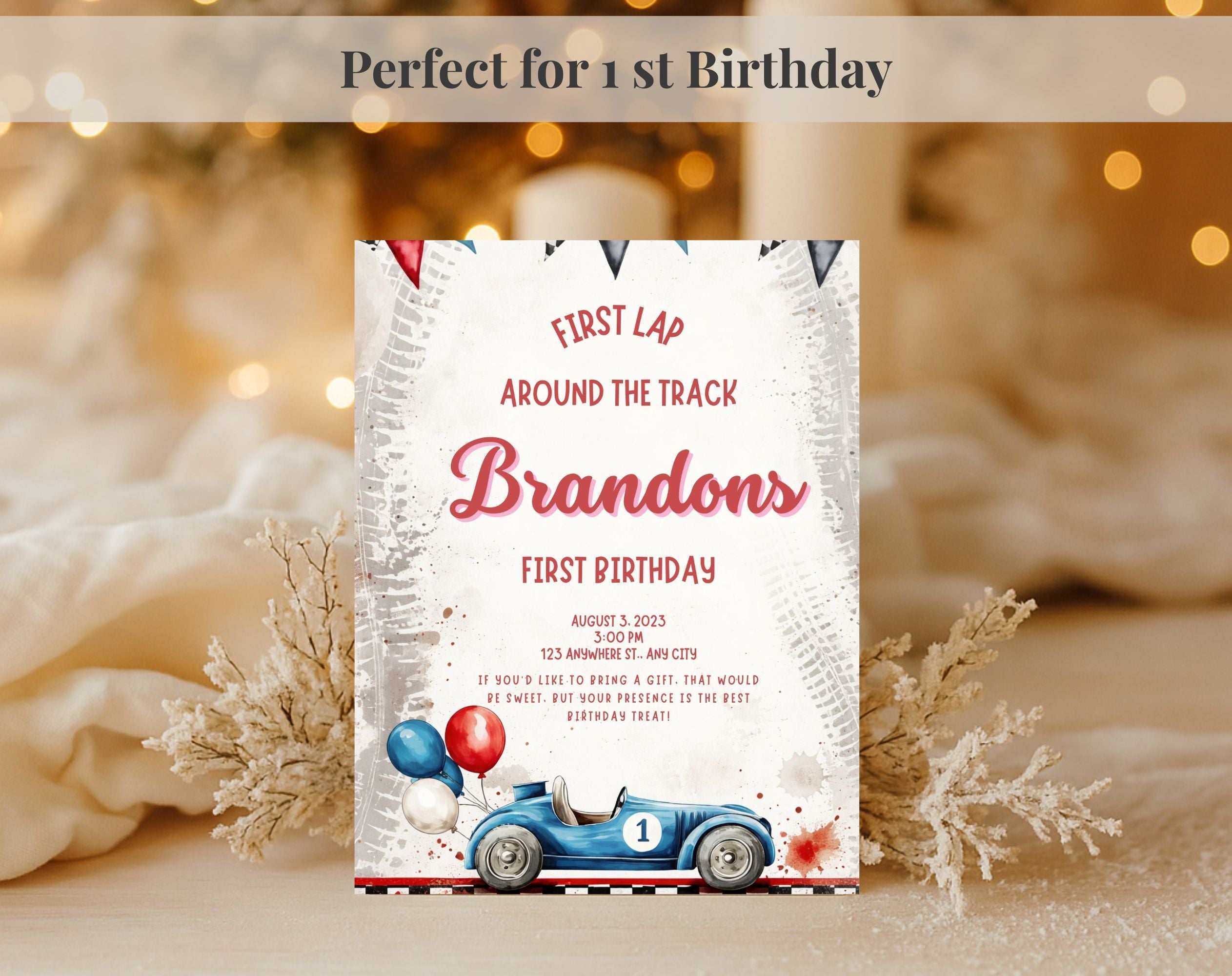 Red Blue Race Car First Birthday Invitation