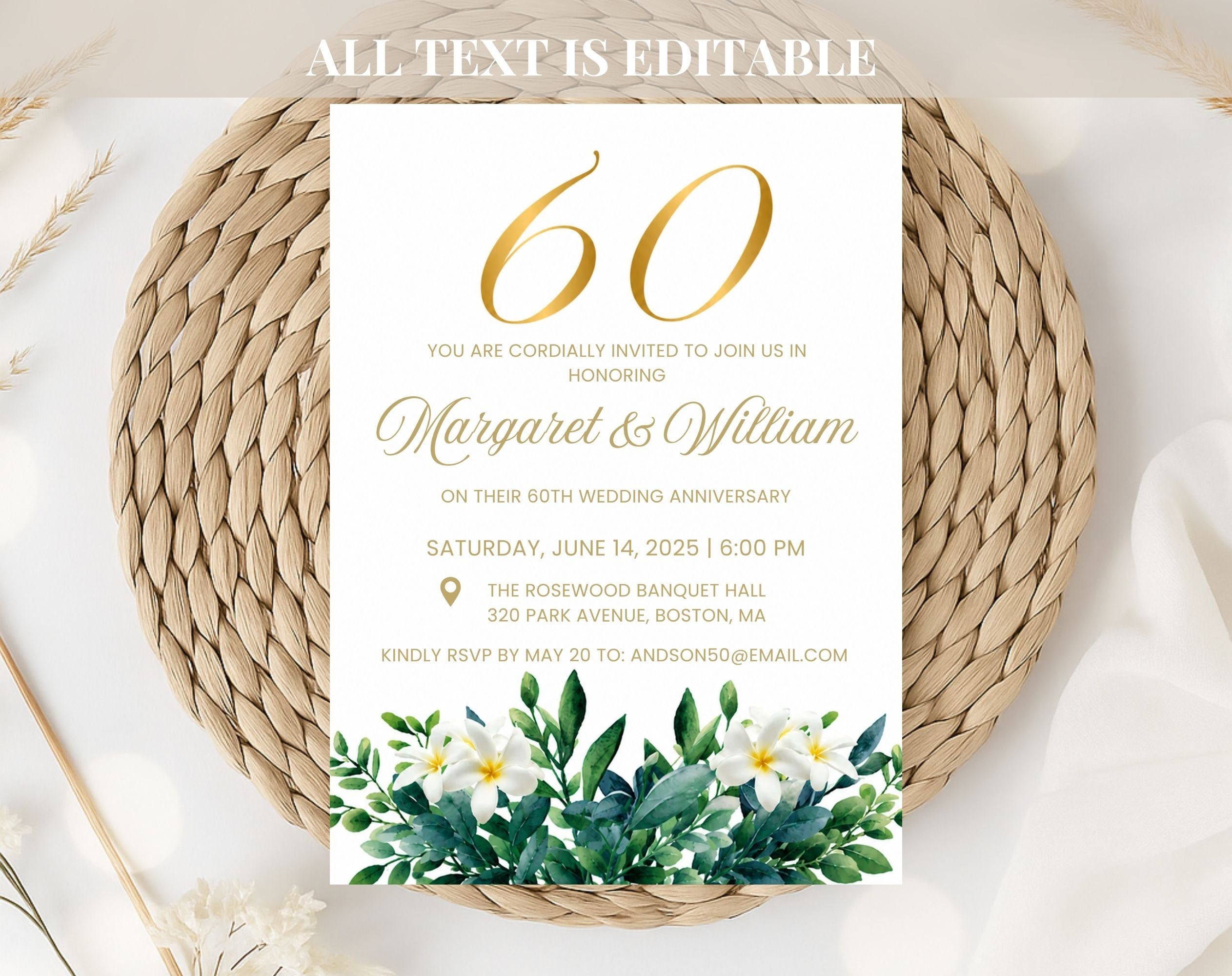 60th White Gold Wedding Anniversary Invitation