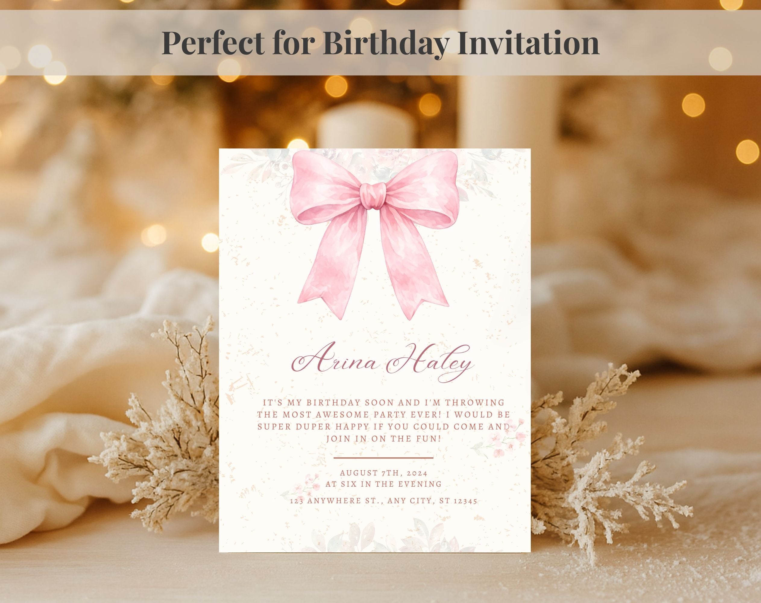 Pink Bow Birthday Invitation