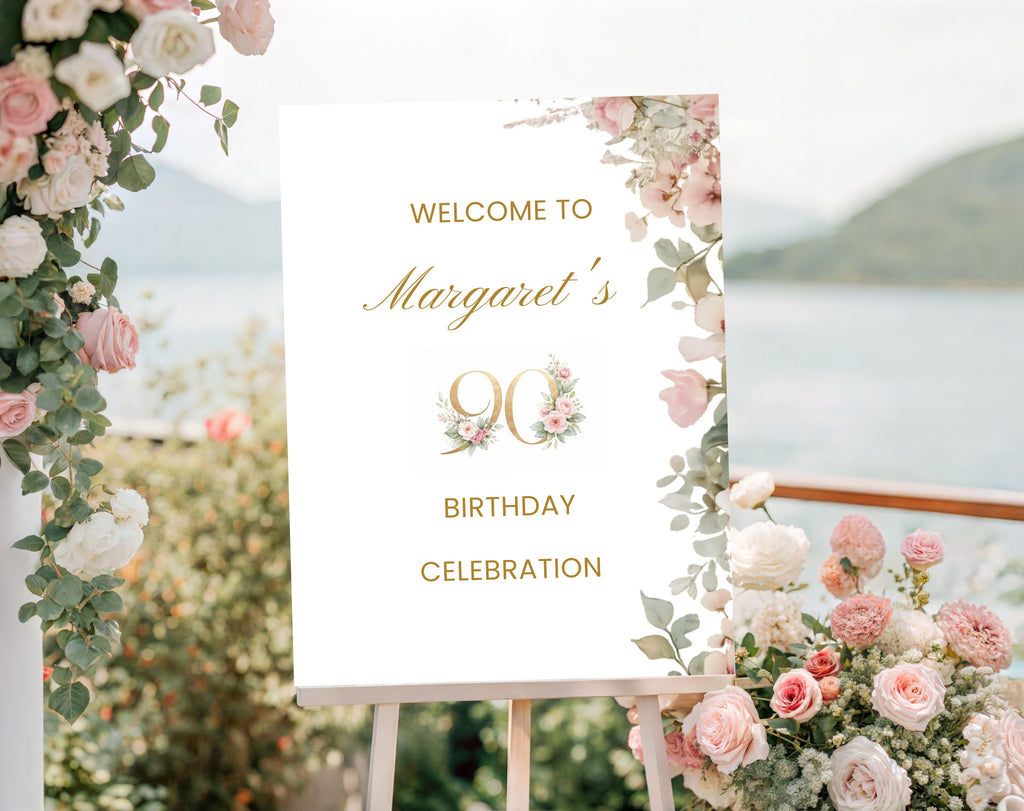 Elegant Pink 90th Birthday Welcome Sign