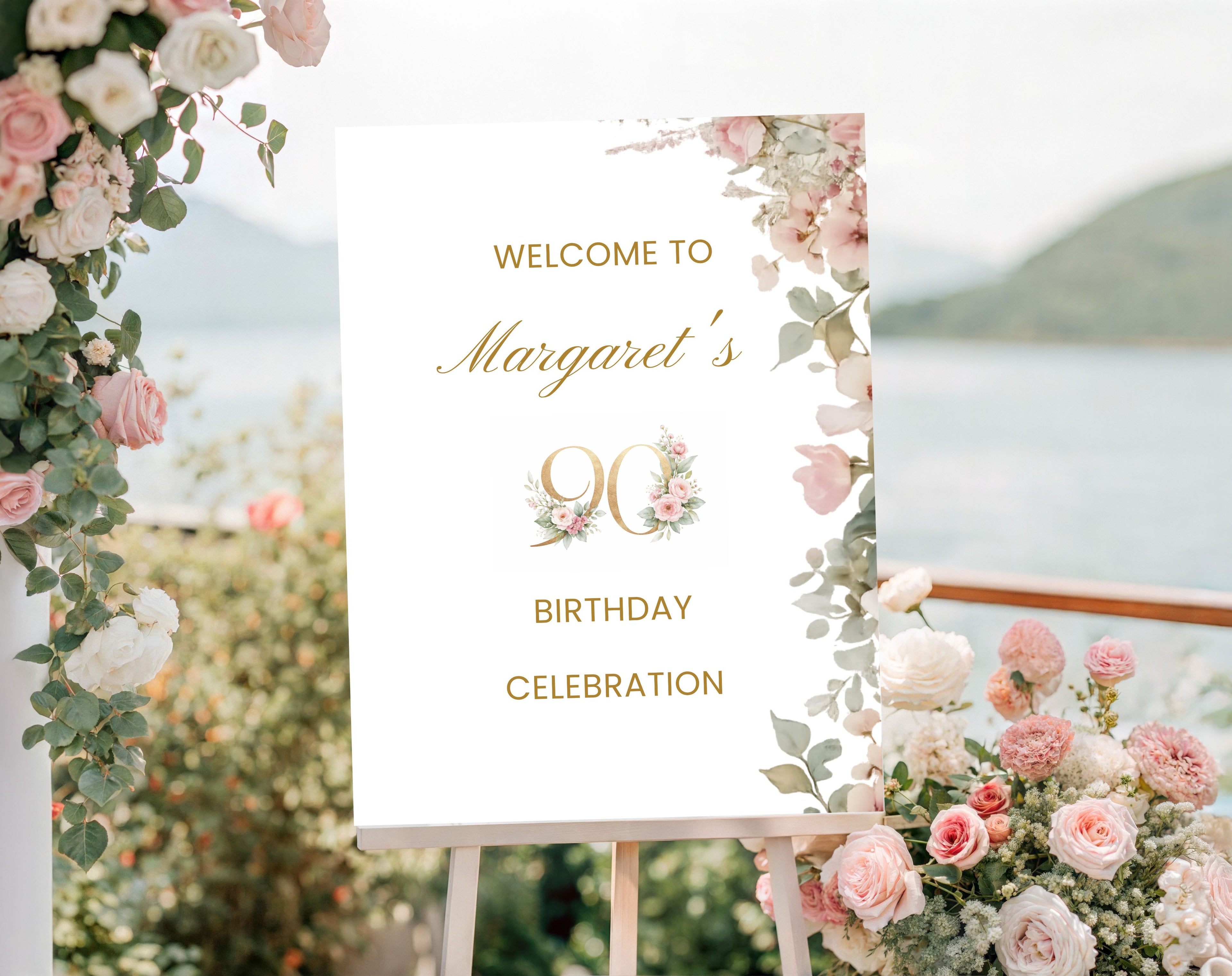 Elegant Pink 90th Birthday Welcome Sign