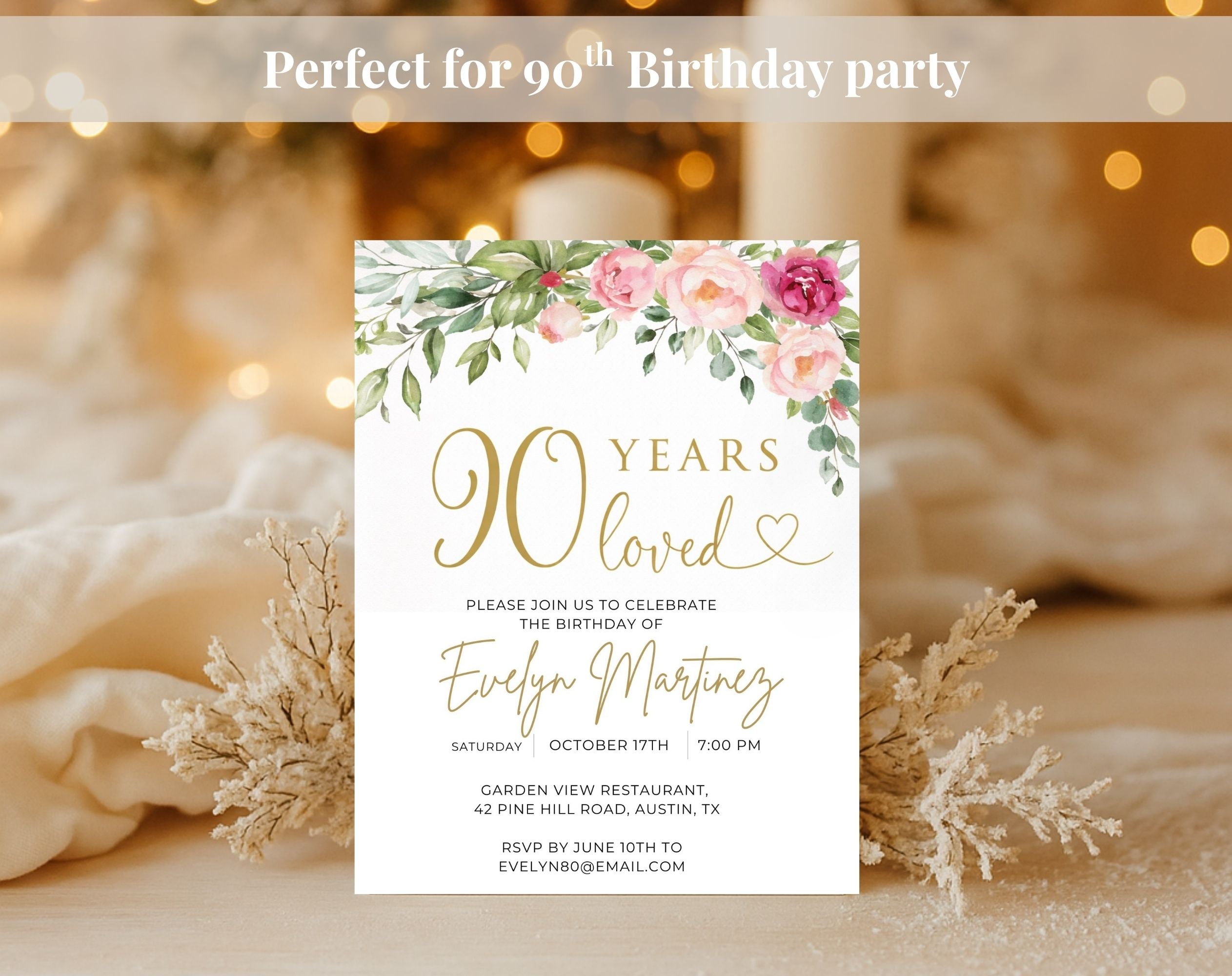 Gold Floral 90th Birthday Invitation