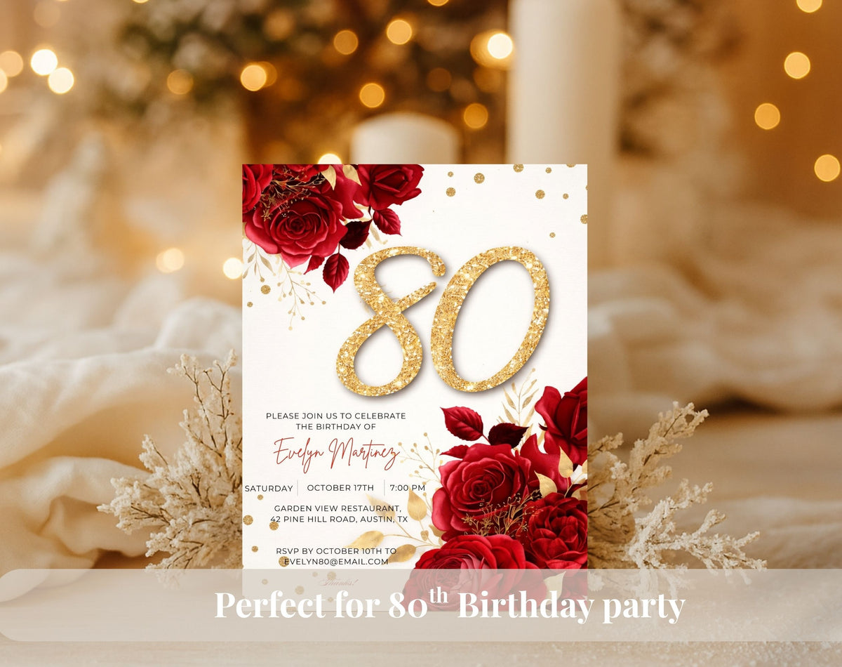 Elegant Floral Red and Gold 80th Birthday Invitation