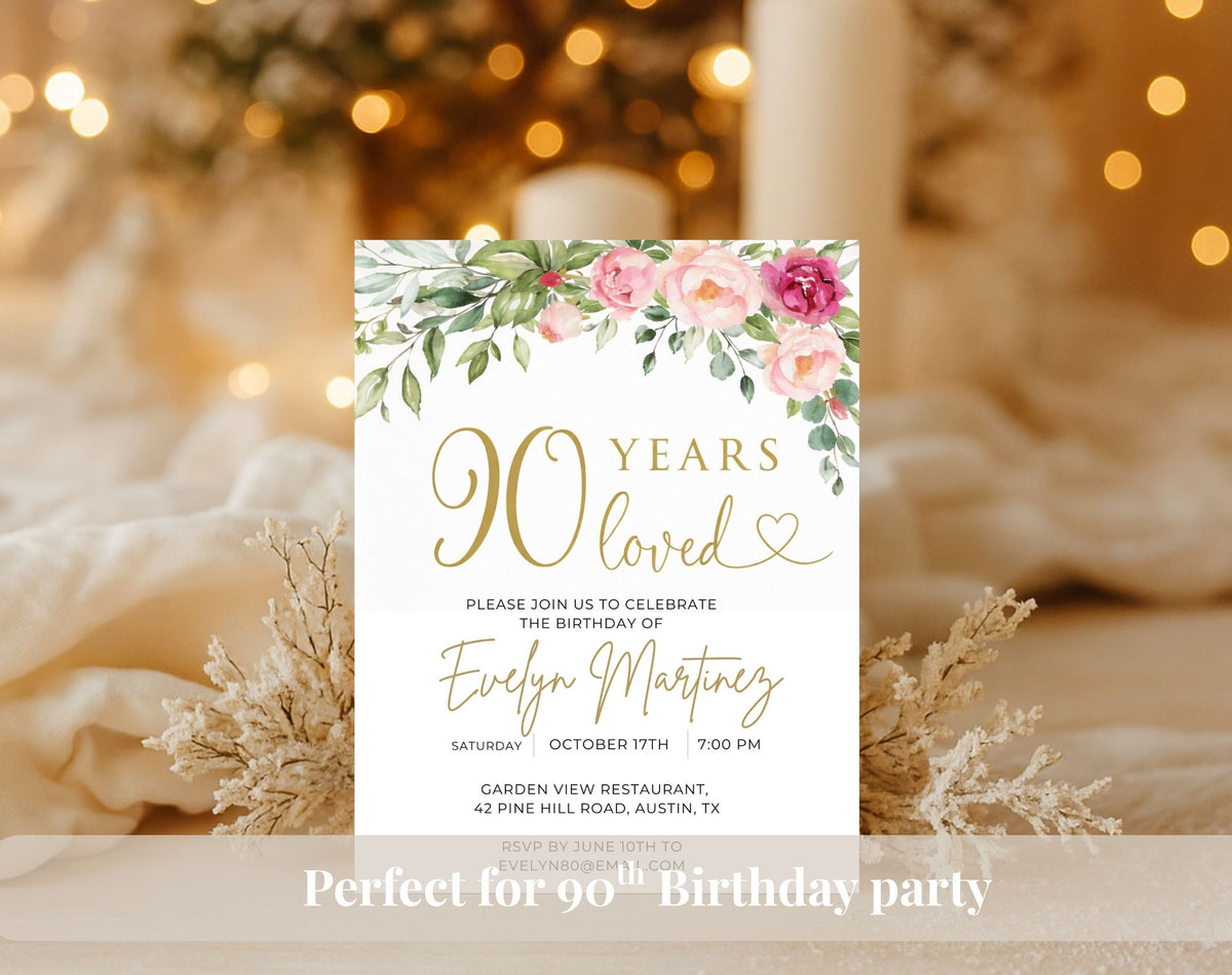 Gold Floral 90th Birthday Invitation