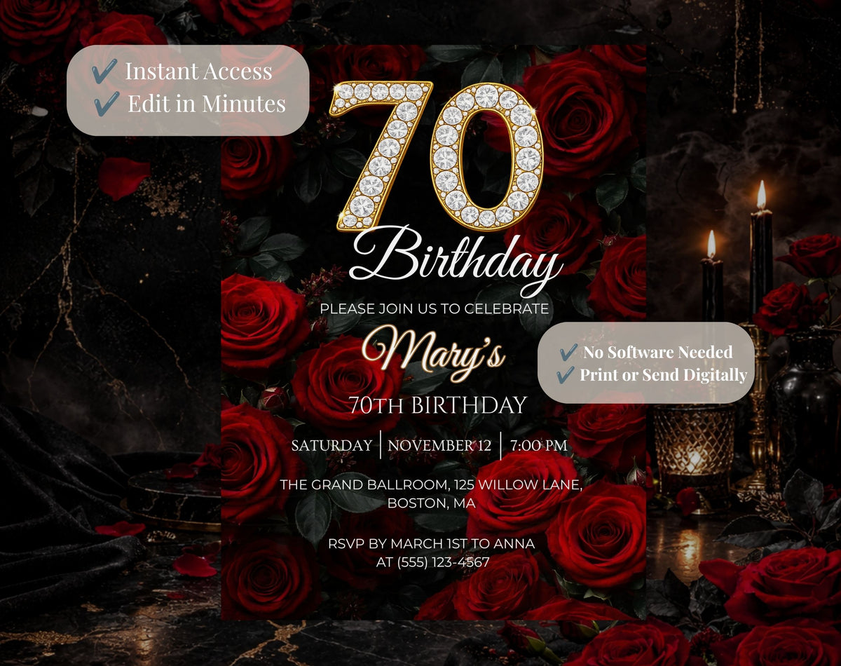 Luxury Red Rose 70th Birthday Invitation
