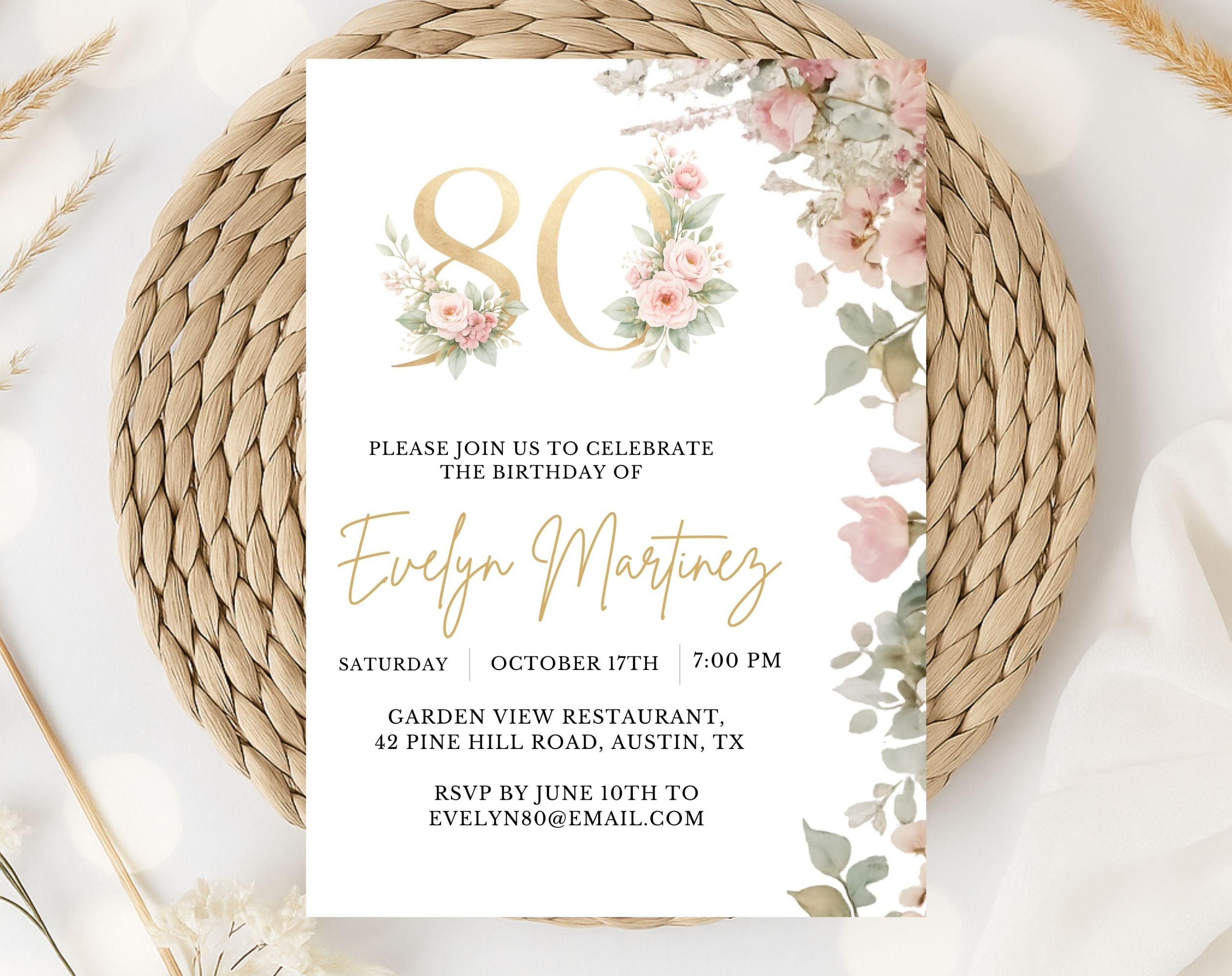Floral 80th Birthday Invitation