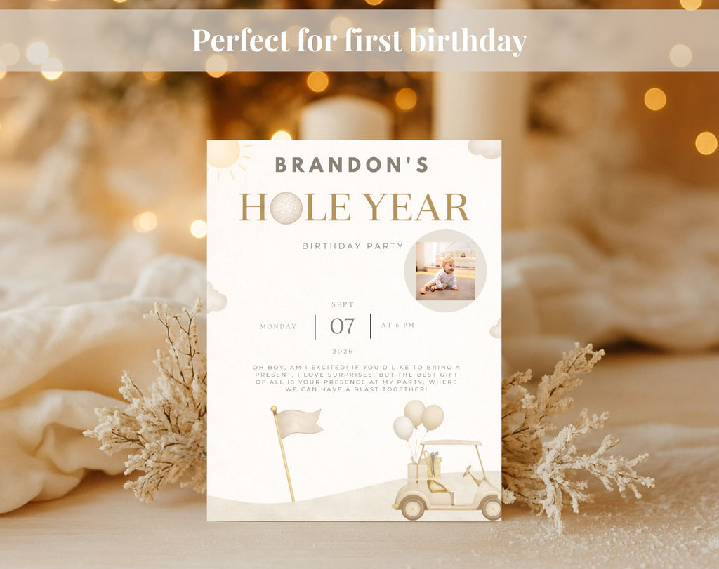 Beige and Gold Golf First Birthday Invitation