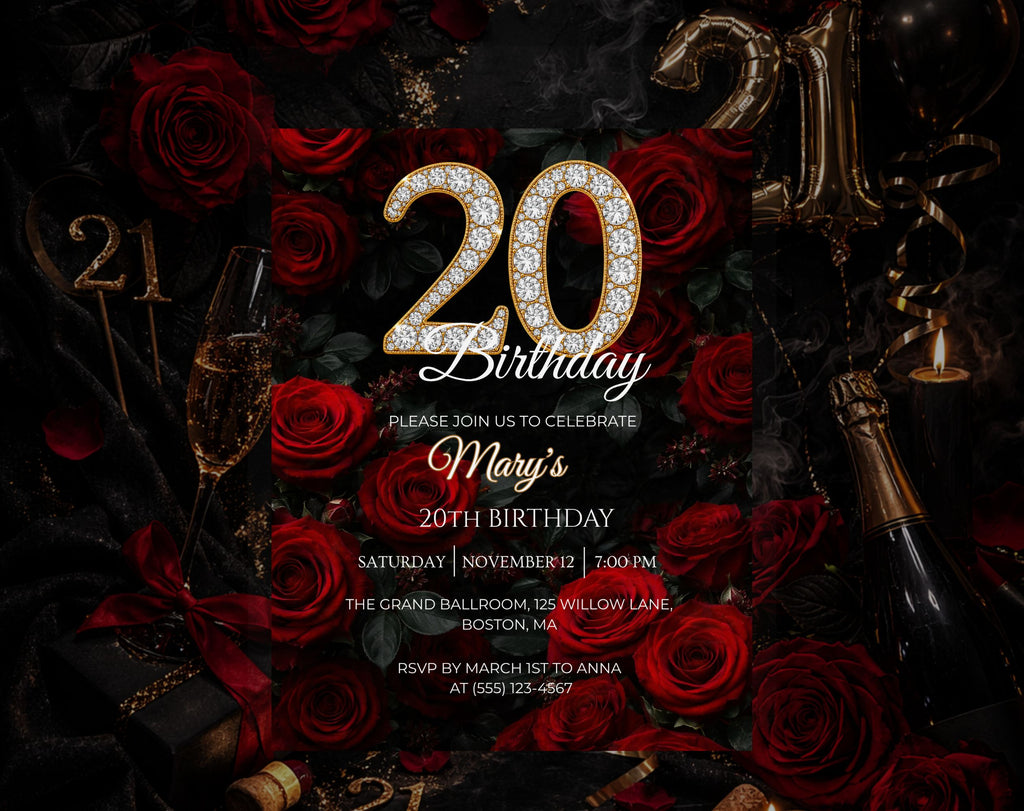 20th Red rose floral Birthday Invitation