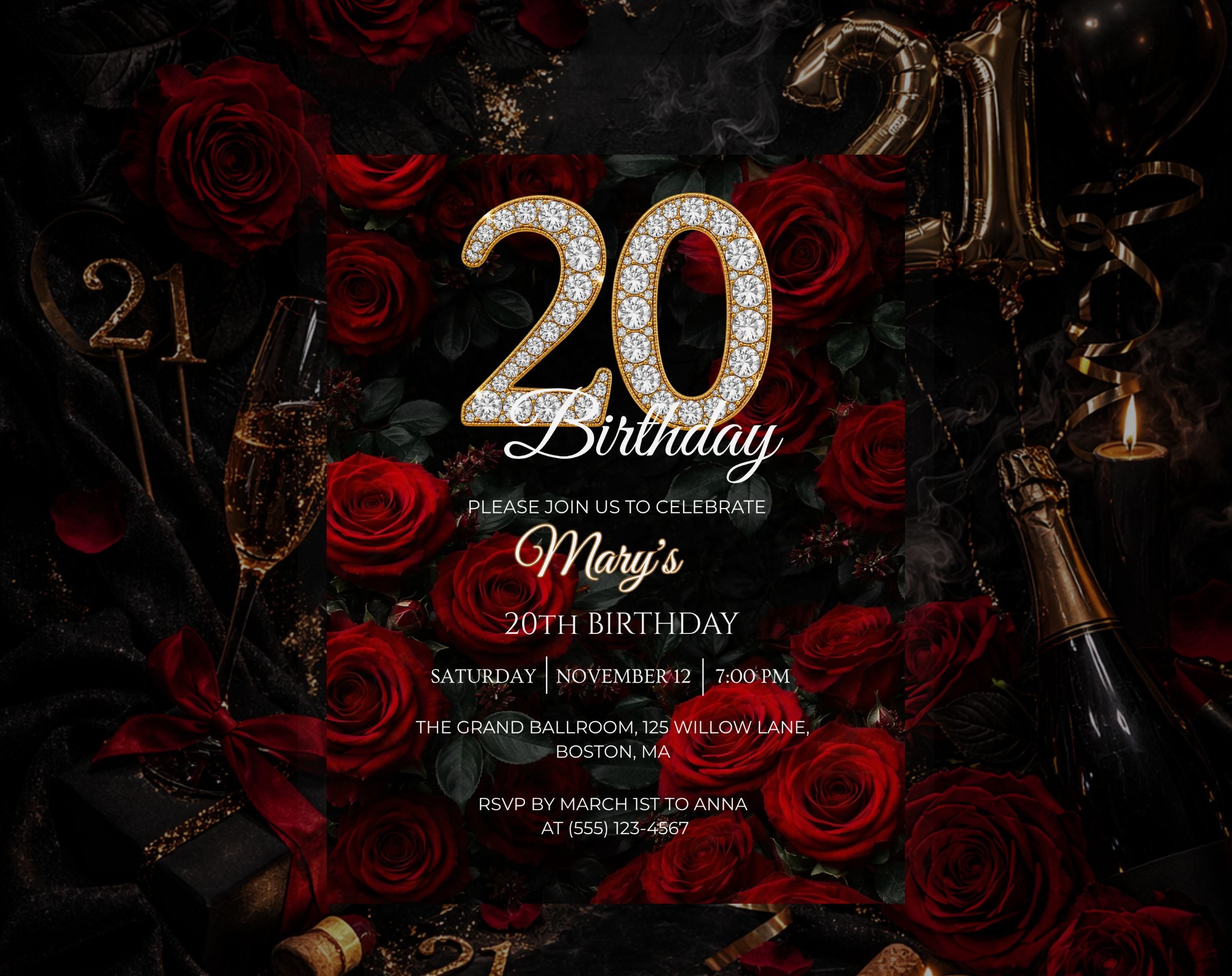 20th Red rose floral Birthday Invitation