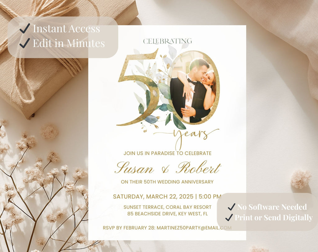 50th Wedding Anniversary Invitation Photo White Gold