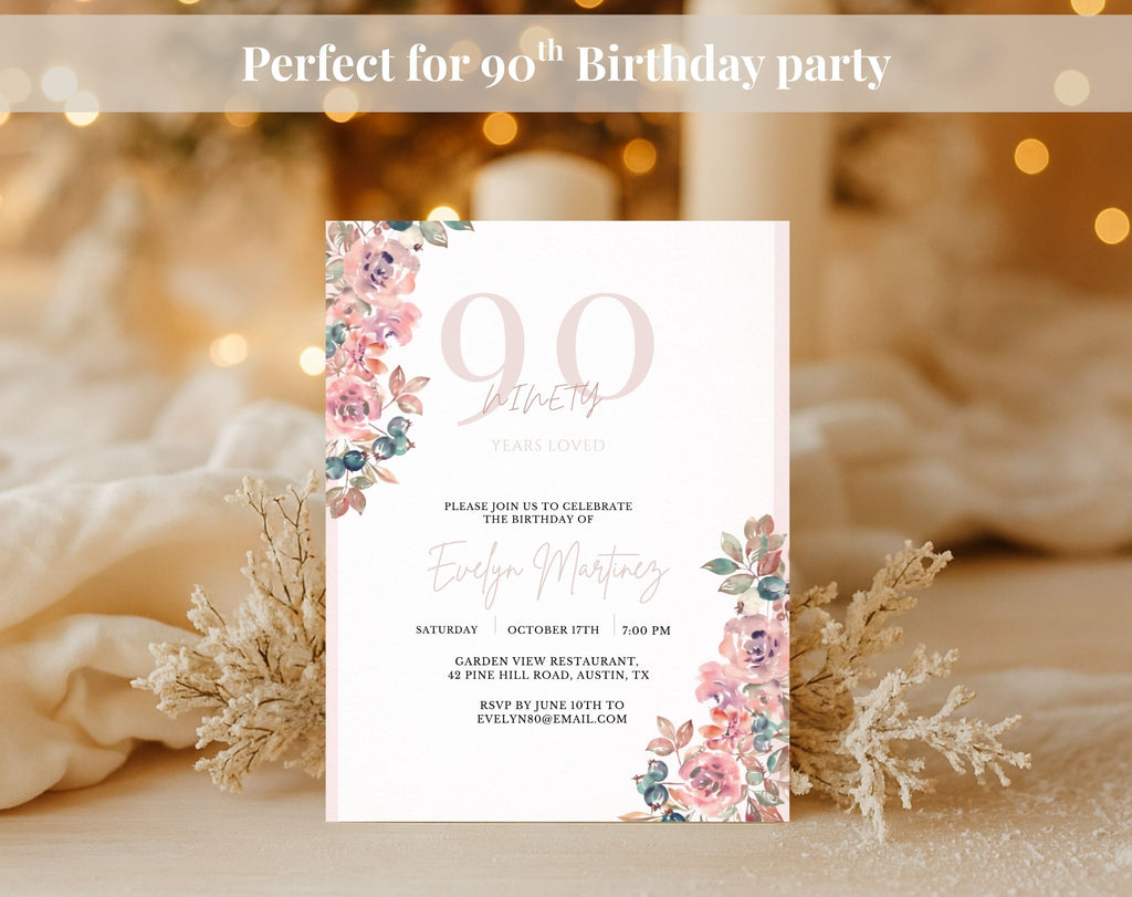 Blush Pink Floral 90th Birthday Invitation