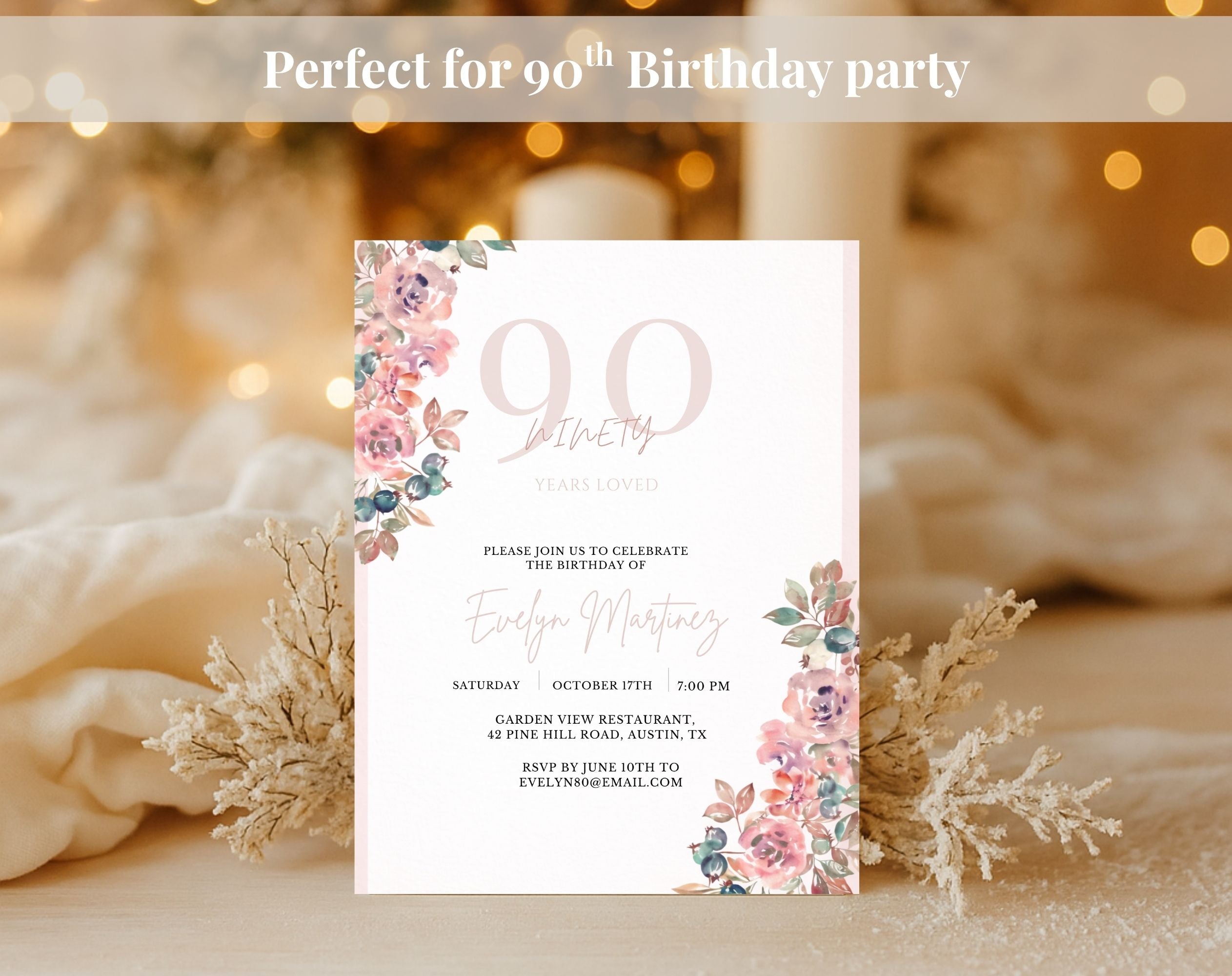 Blush Pink Floral 90th Birthday Invitation