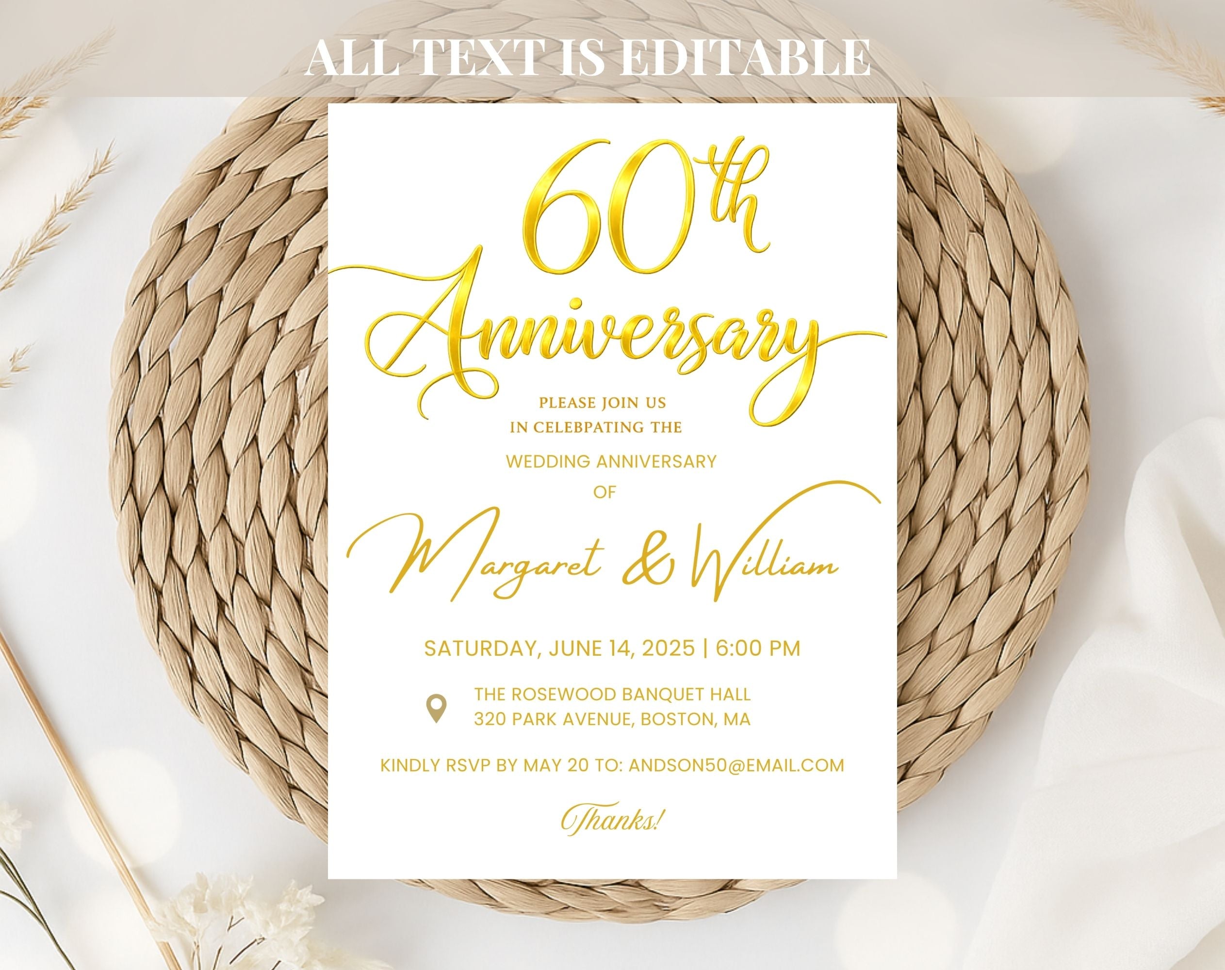 Golden 60th  Wedding Anniversary Invite White Gold