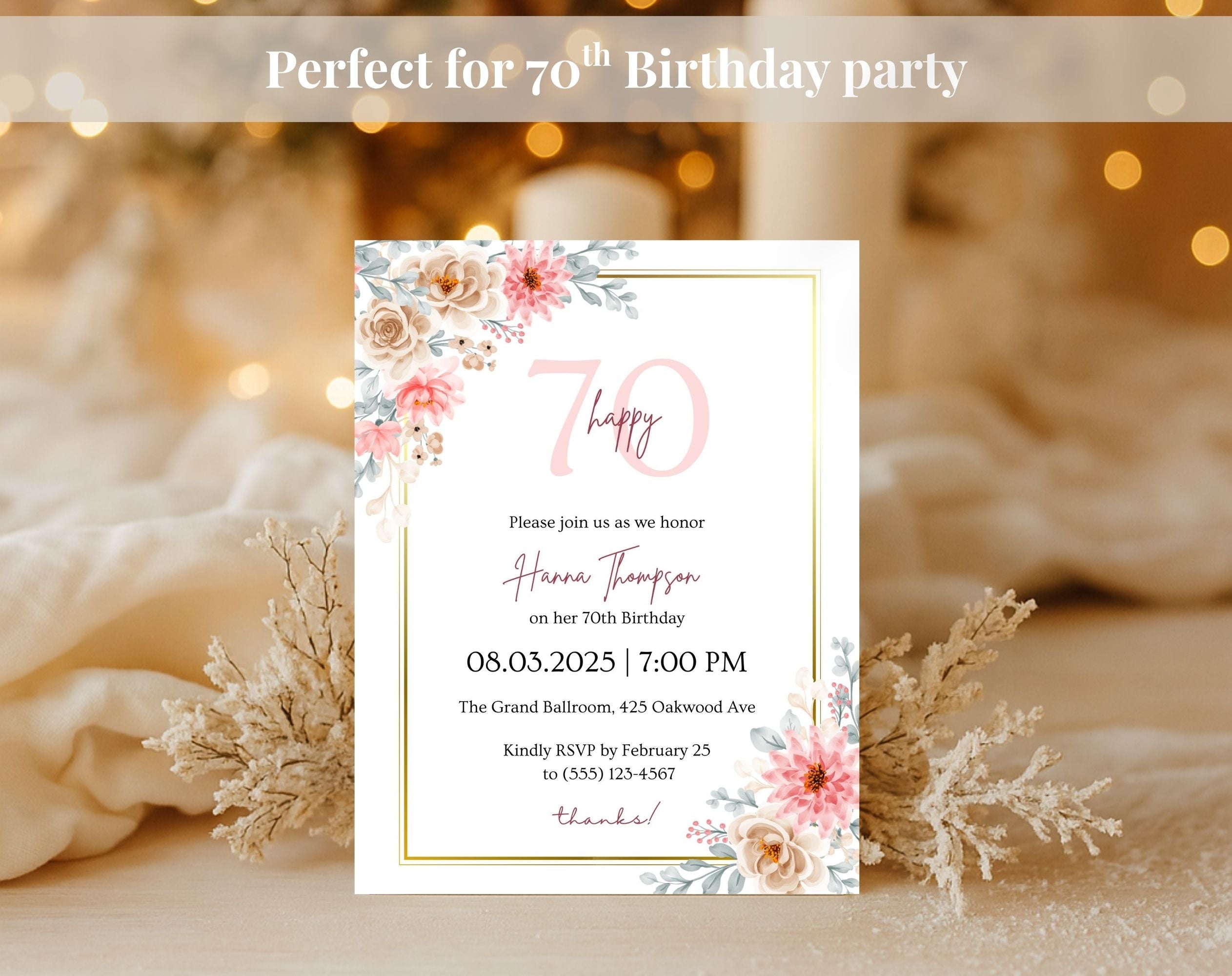 Pink Floral 70th Birthday Invitation