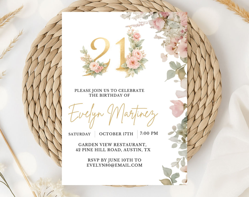 Elegant Floral 21st Birthday Invitation