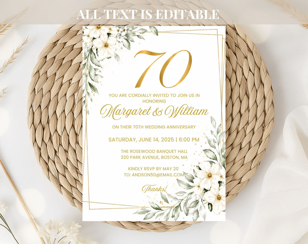 White Gold Floral 70th Wedding Anniversary Invitation