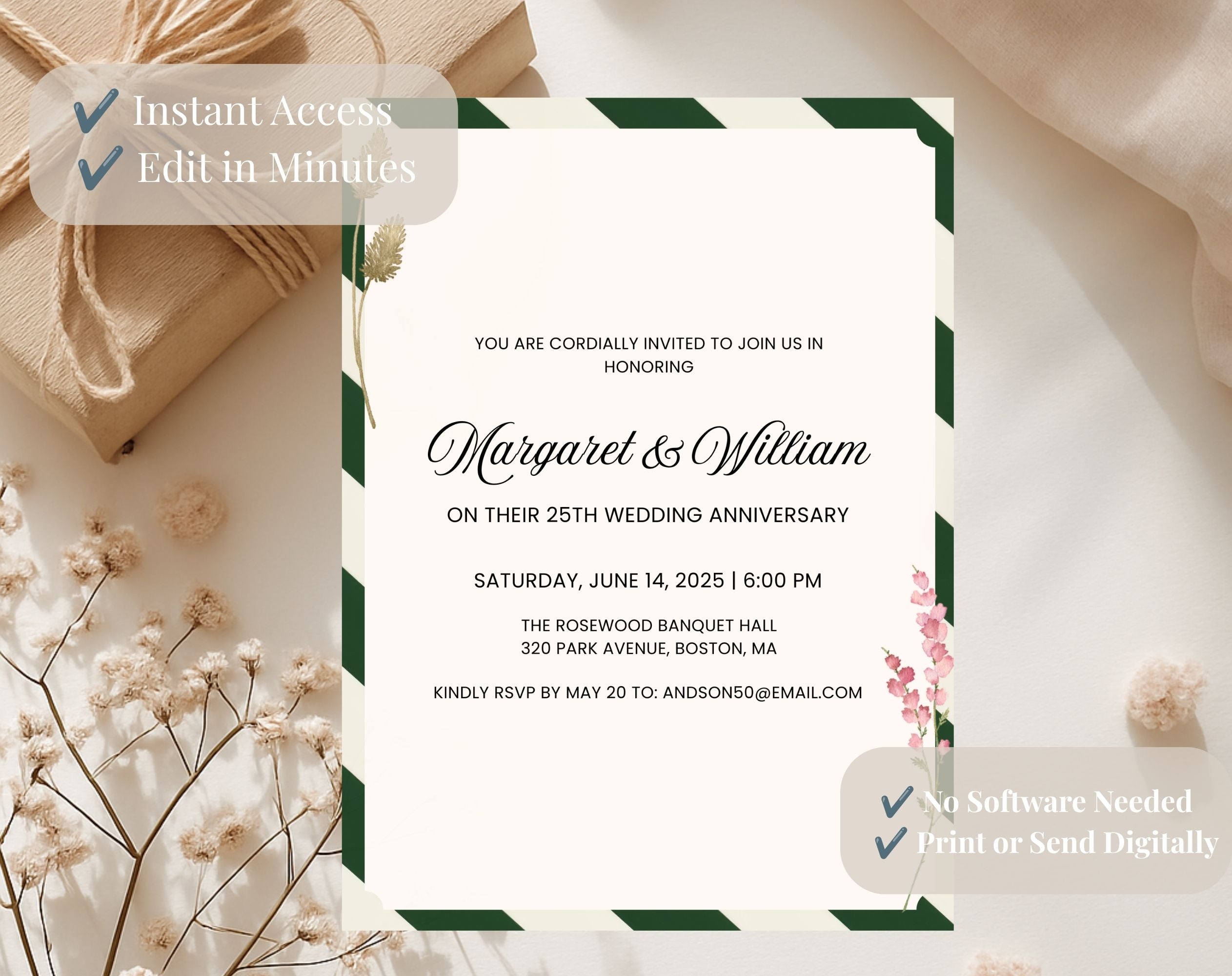 Elegant Green White 25th Anniversary Invitation