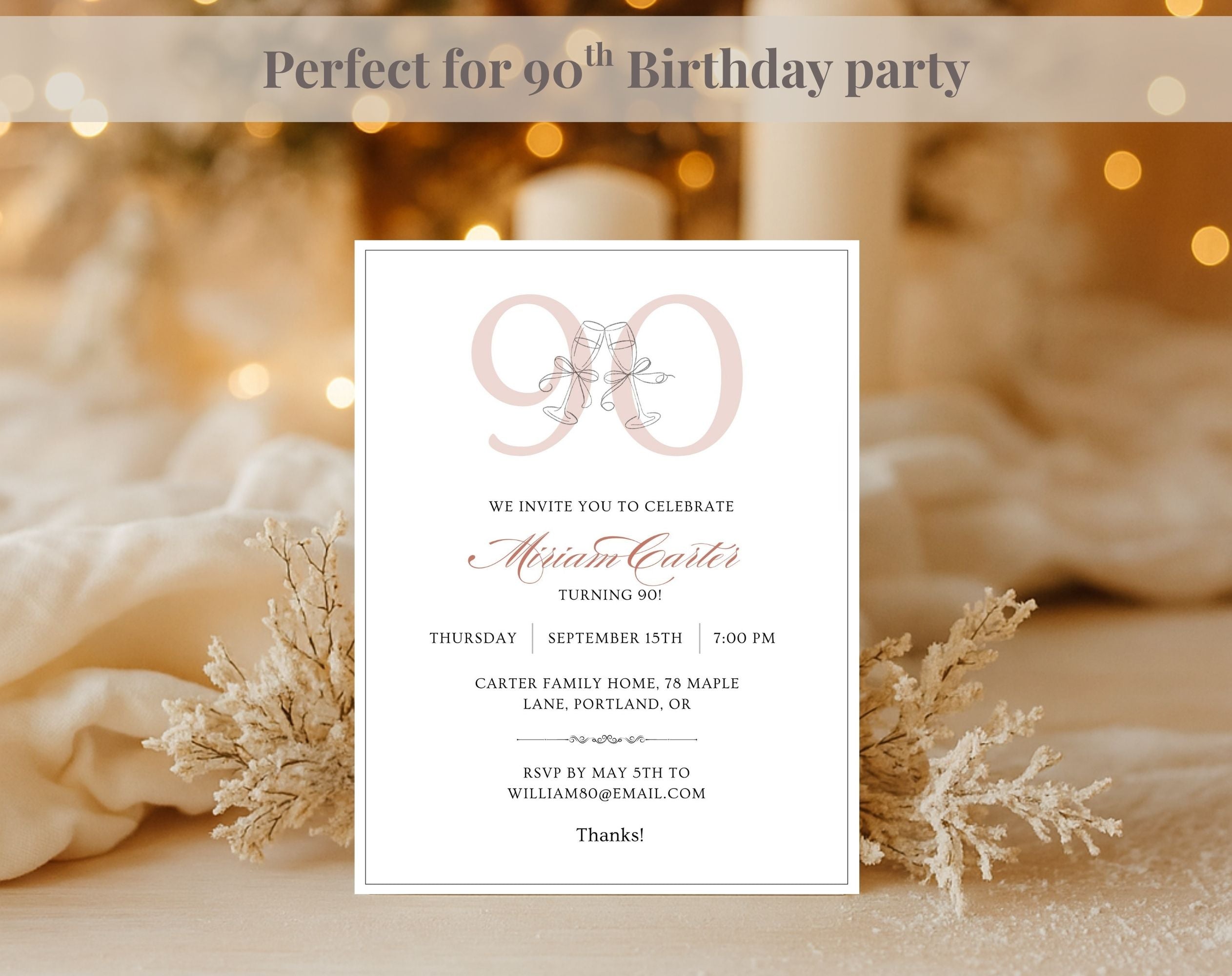 Elegant Blush Pink 90th Birthday Invitation