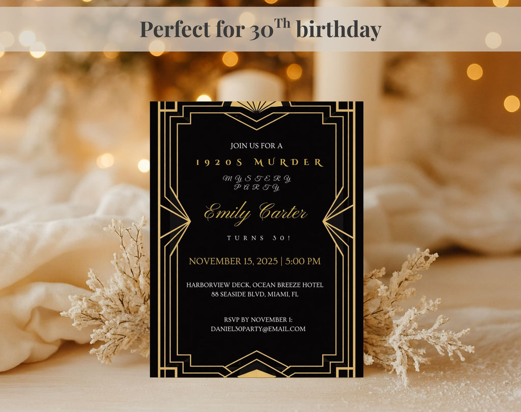 Black and Gold 1920s Murder Mystery 30th Birthday Invitation
