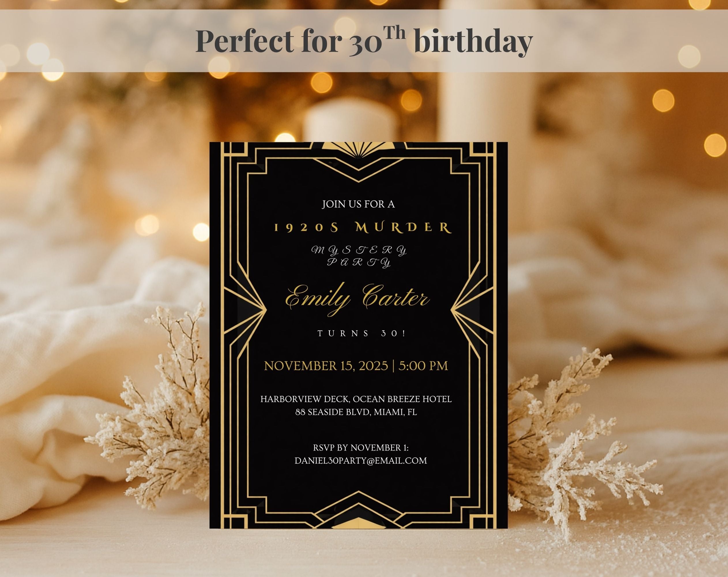 Black and Gold 1920s Murder Mystery 30th Birthday Invitation