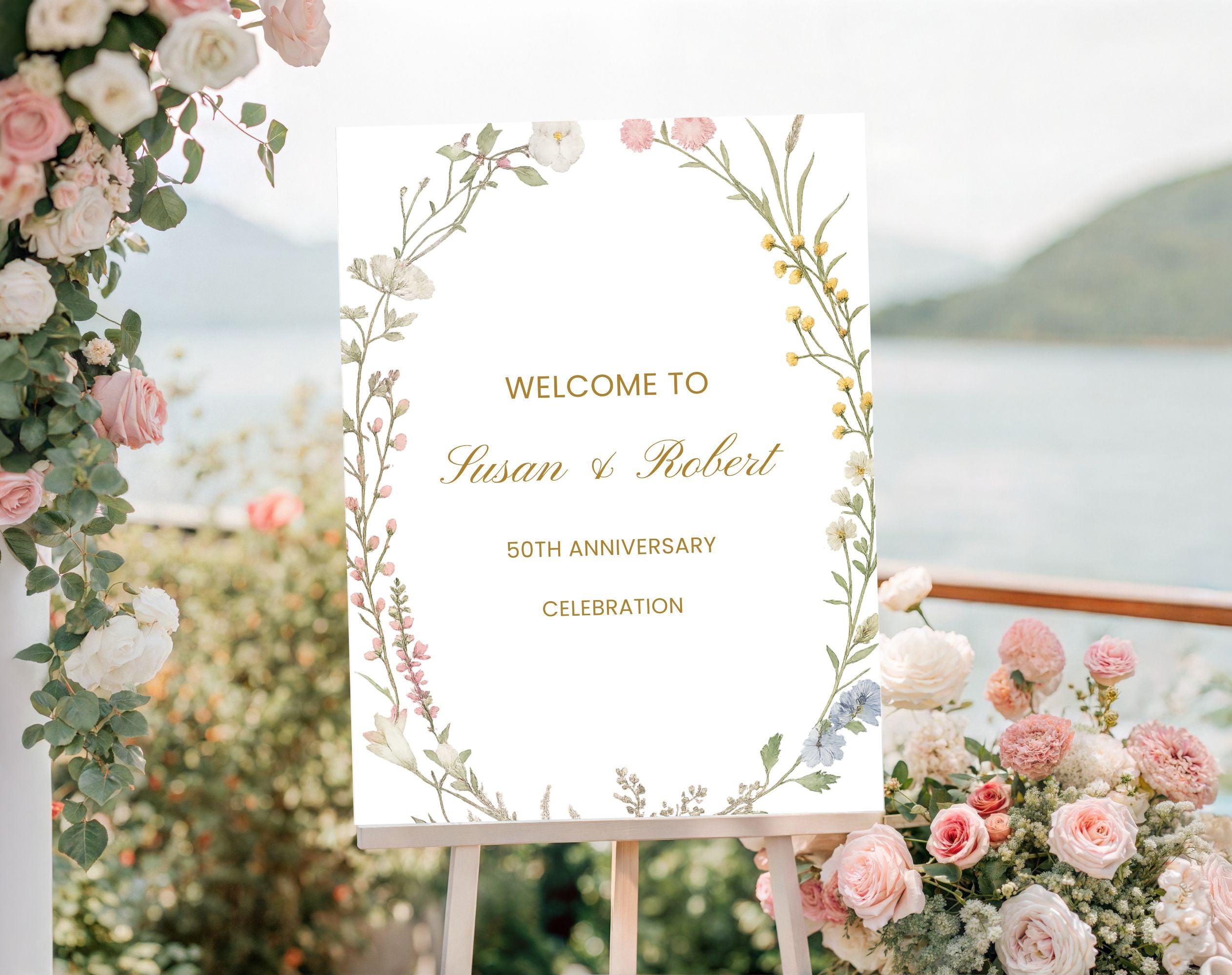 White Floral 50th Anniversary Welcome Sign